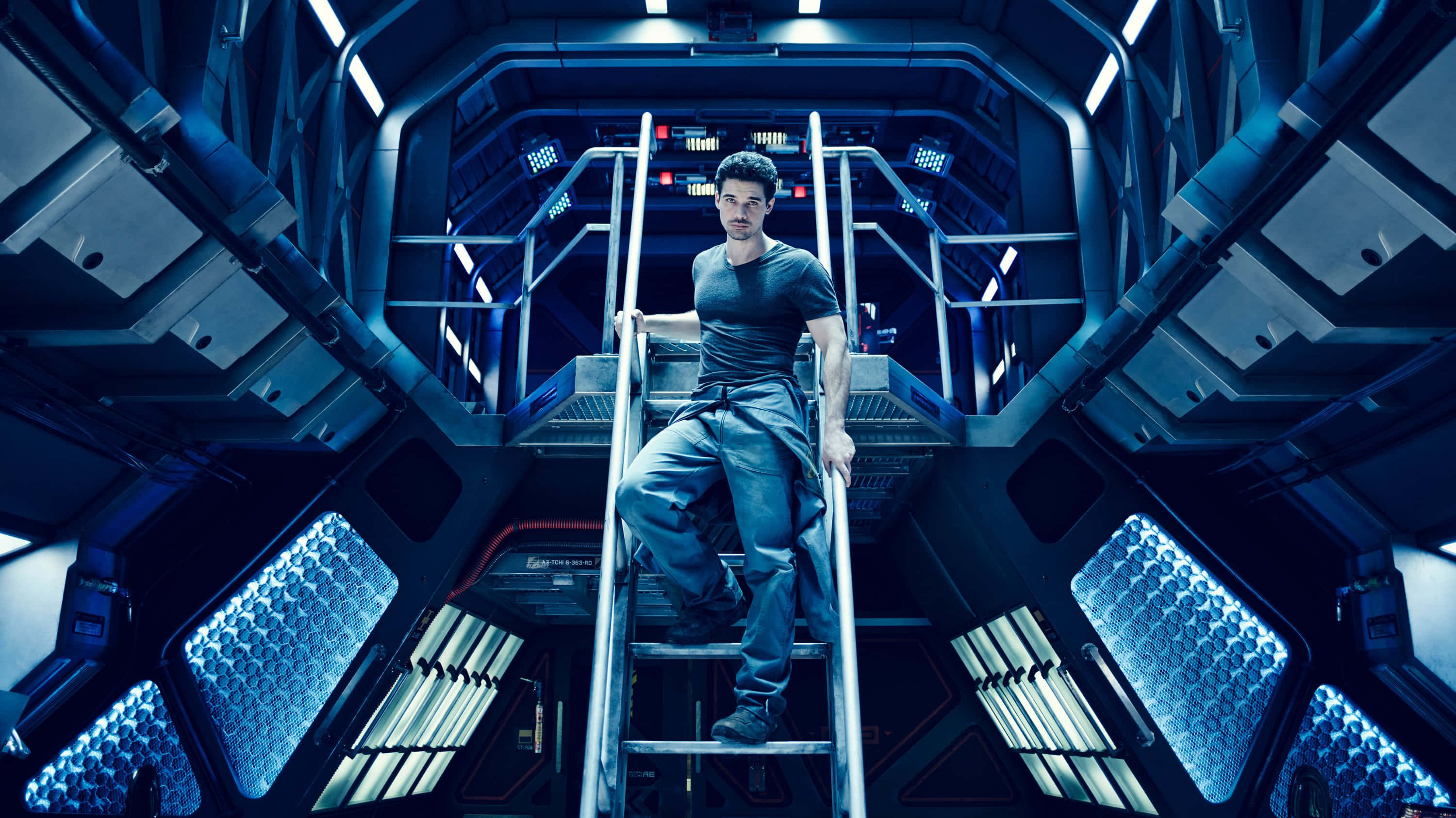 spacecraft, glowing blue panels, metallic walls, 2K Desktop Wallpaper