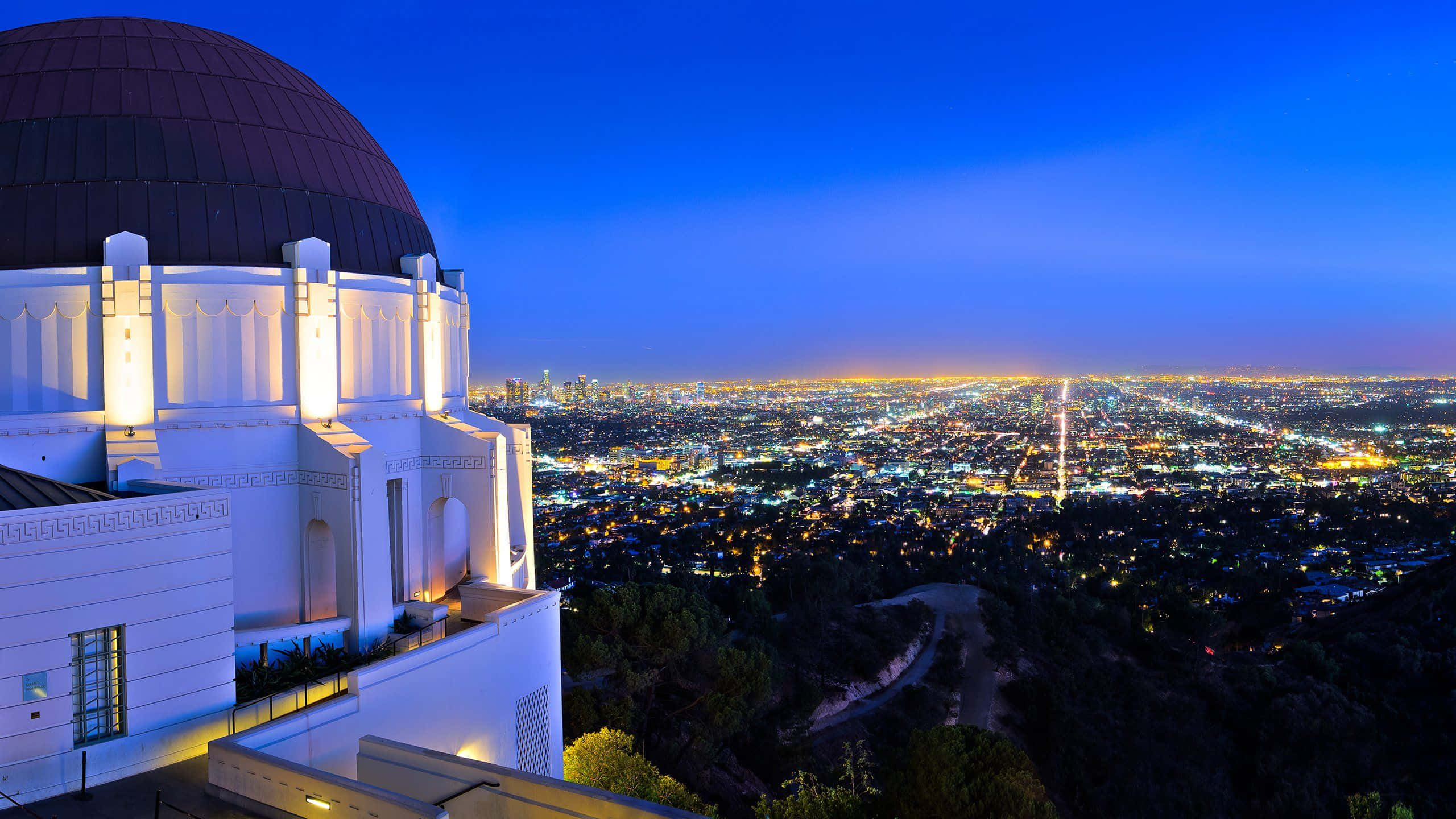 Space Observation, white observatory dome, city lights, 2K Desktop Wallpaper