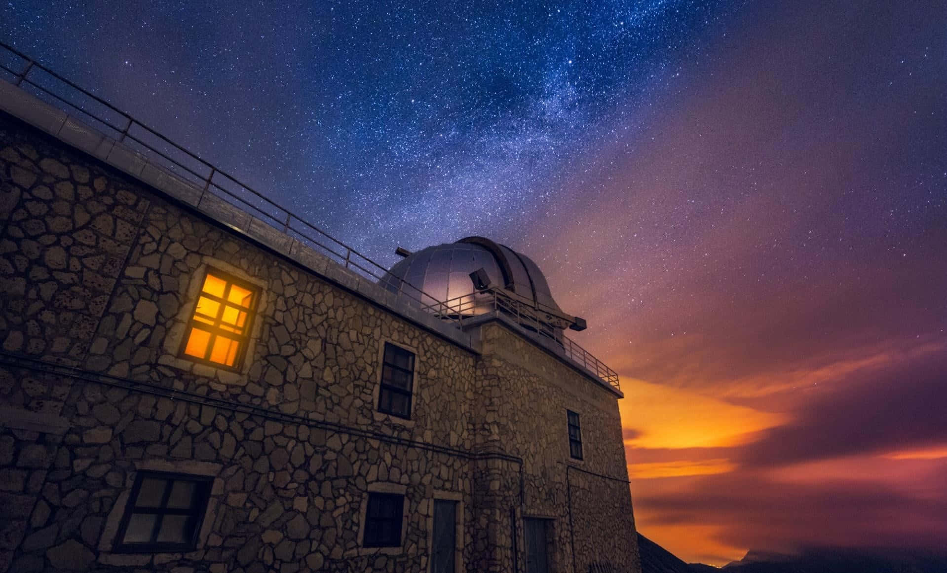 space observation, stone observatory, glowing window, HD Desktop Wallpaper