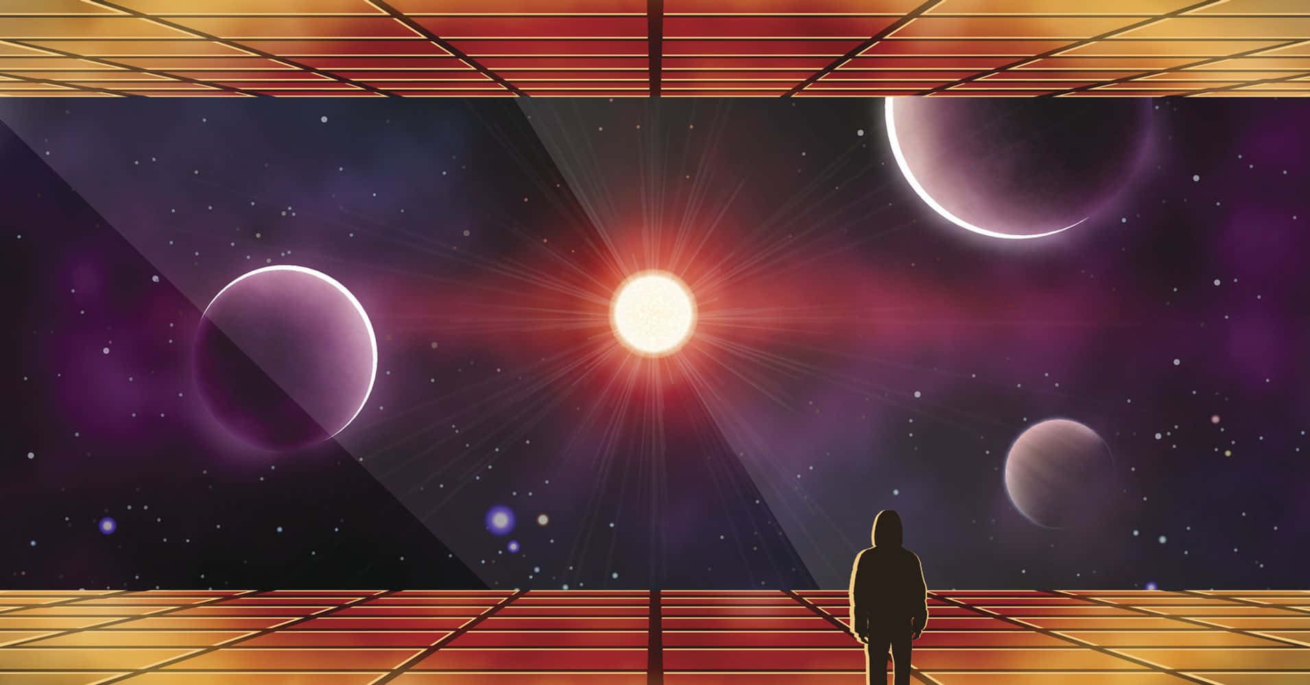 cosmic observation deck, glowing grid floor, radiant sun, HD Desktop Wallpaper