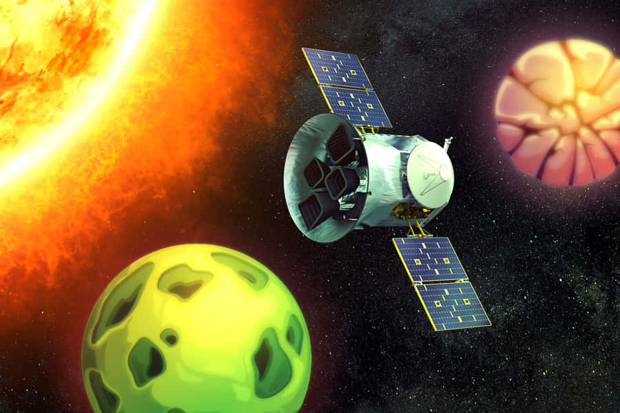 satellite, solar panels, fiery sun, SD Desktop Wallpaper