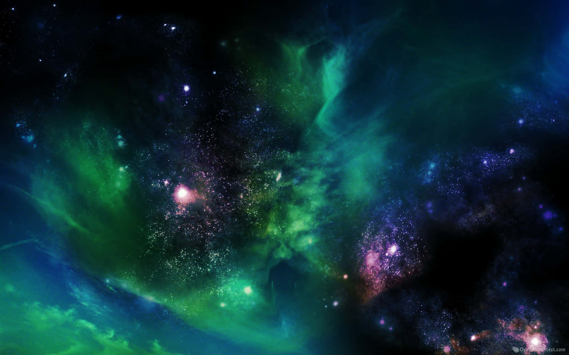 Cosmic Green Galaxy Clouds Pink Stars, electric green, blue, Full HD Desktop Wallpaper