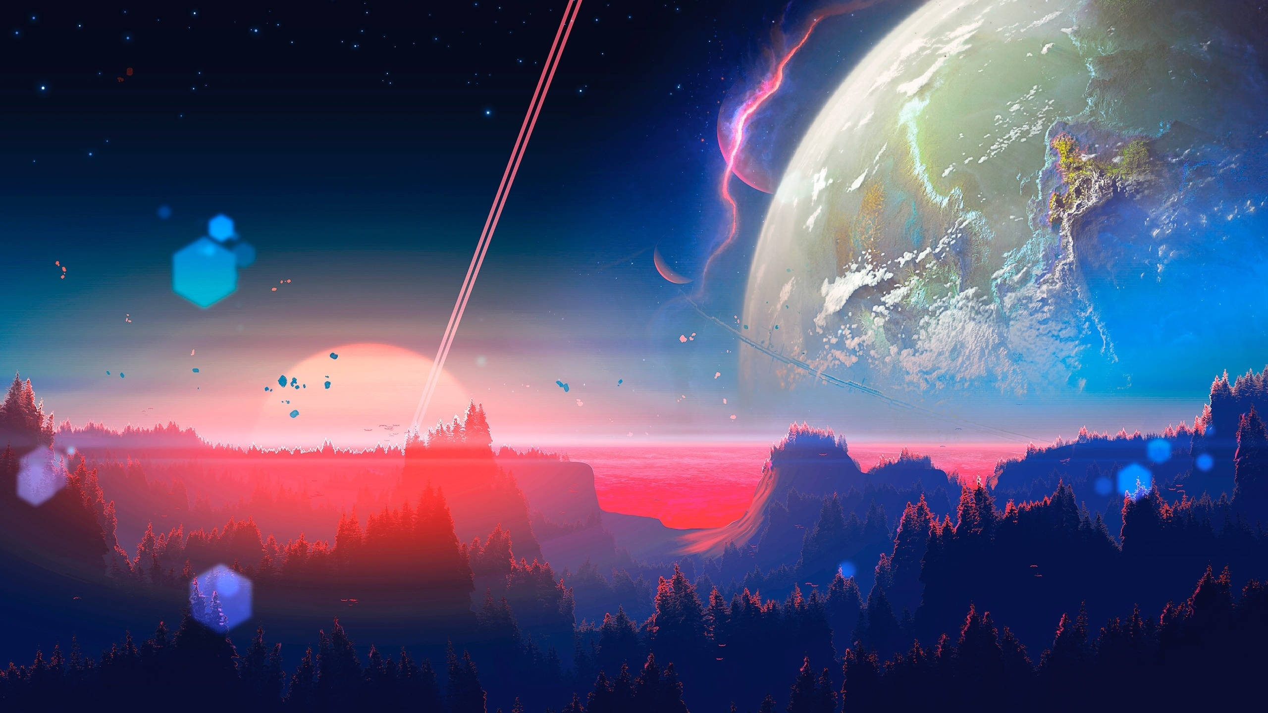Sunset, giant planet, glowing hexagons, 2K Desktop Wallpaper