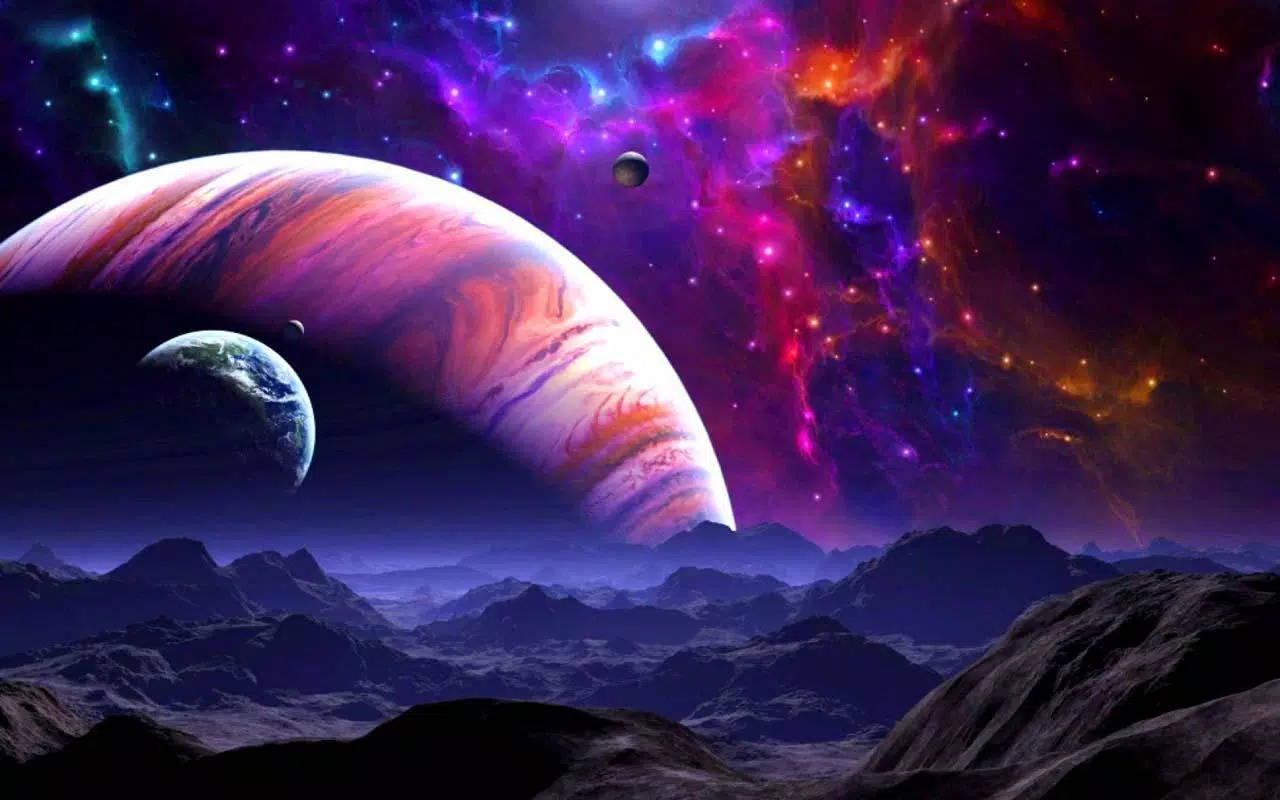 Space Pc, striped planet, Earth-like moon, HD Desktop Wallpaper