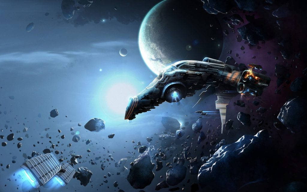spaceship, asteroid field, glowing planet, SD Desktop Wallpaper