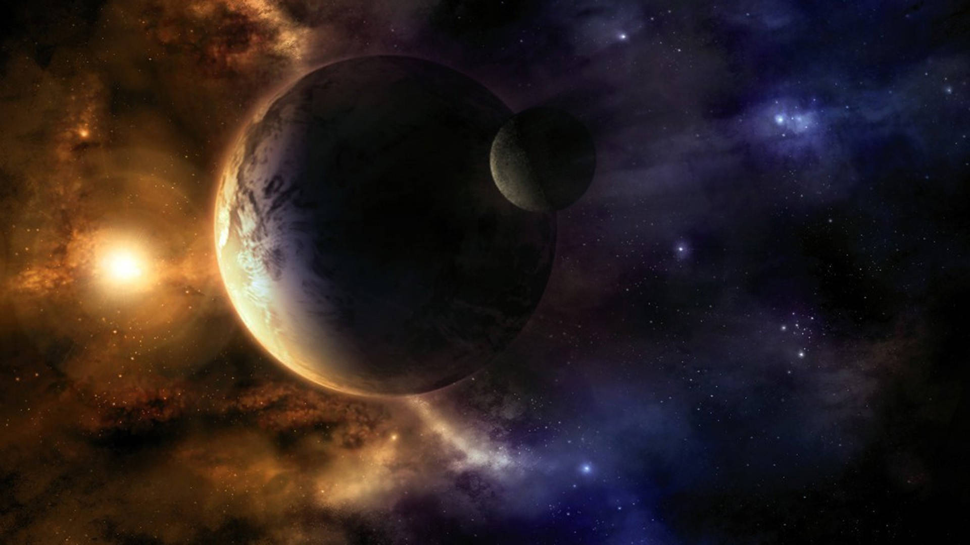 light and dark planet, glowing sun, moon orbiting, Full HD Desktop Wallpaper