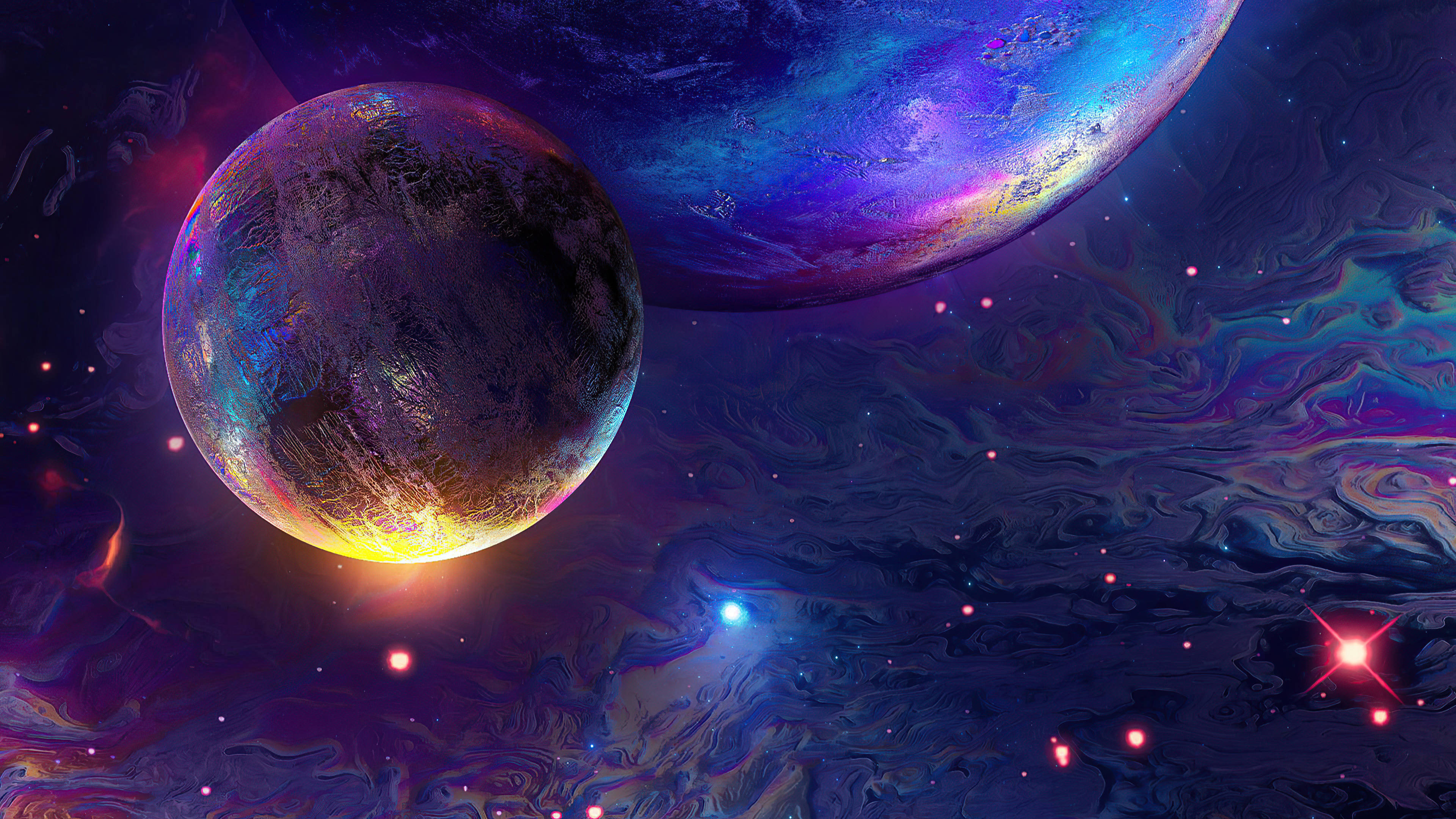 Space PC, glowing planets, cosmic sea, 4K Desktop Wallpaper