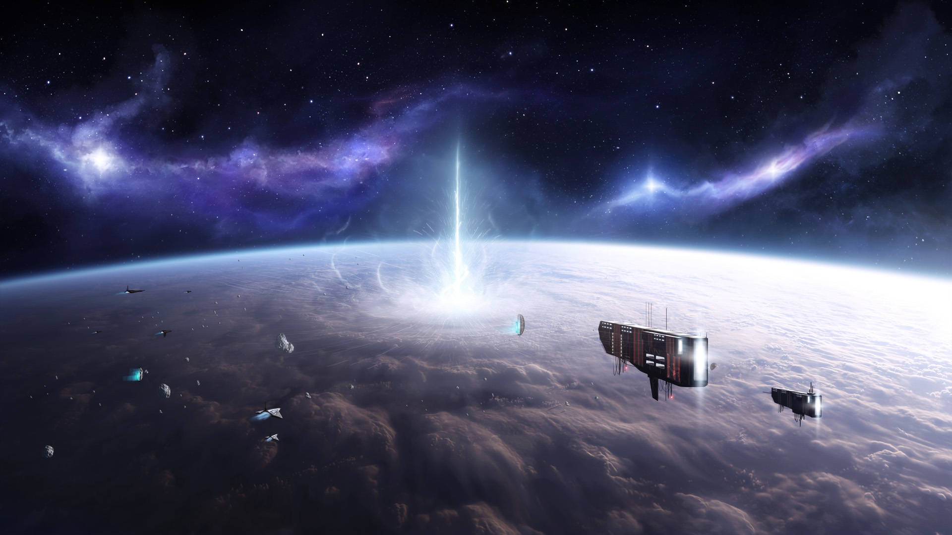 futuristic spaceship, planet's cloud layer, brilliant beam of light, Full HD Desktop Wallpaper