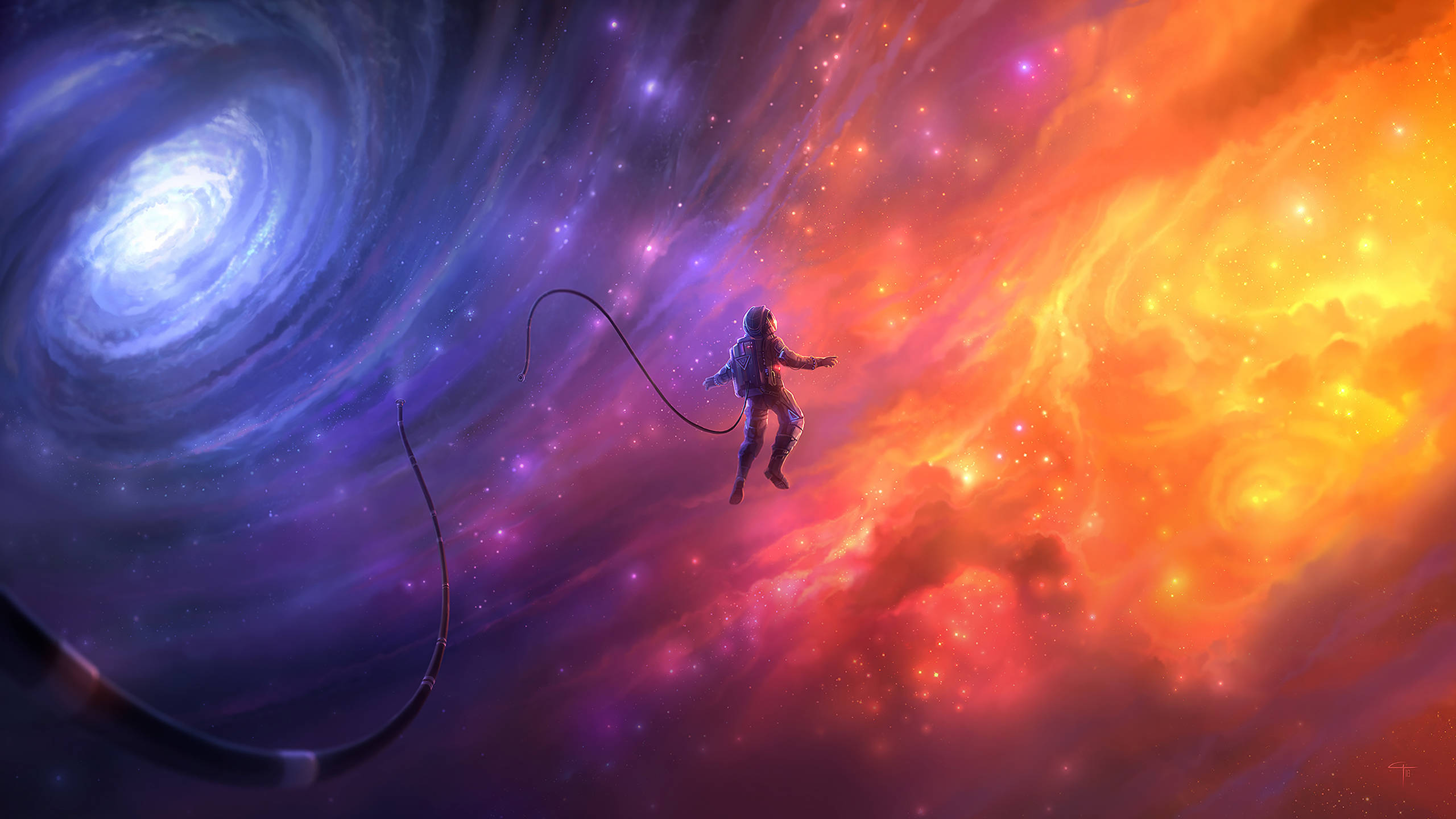 futuristic space computer workstation, astronaut, swirling blue galaxy, 2K Desktop Wallpaper