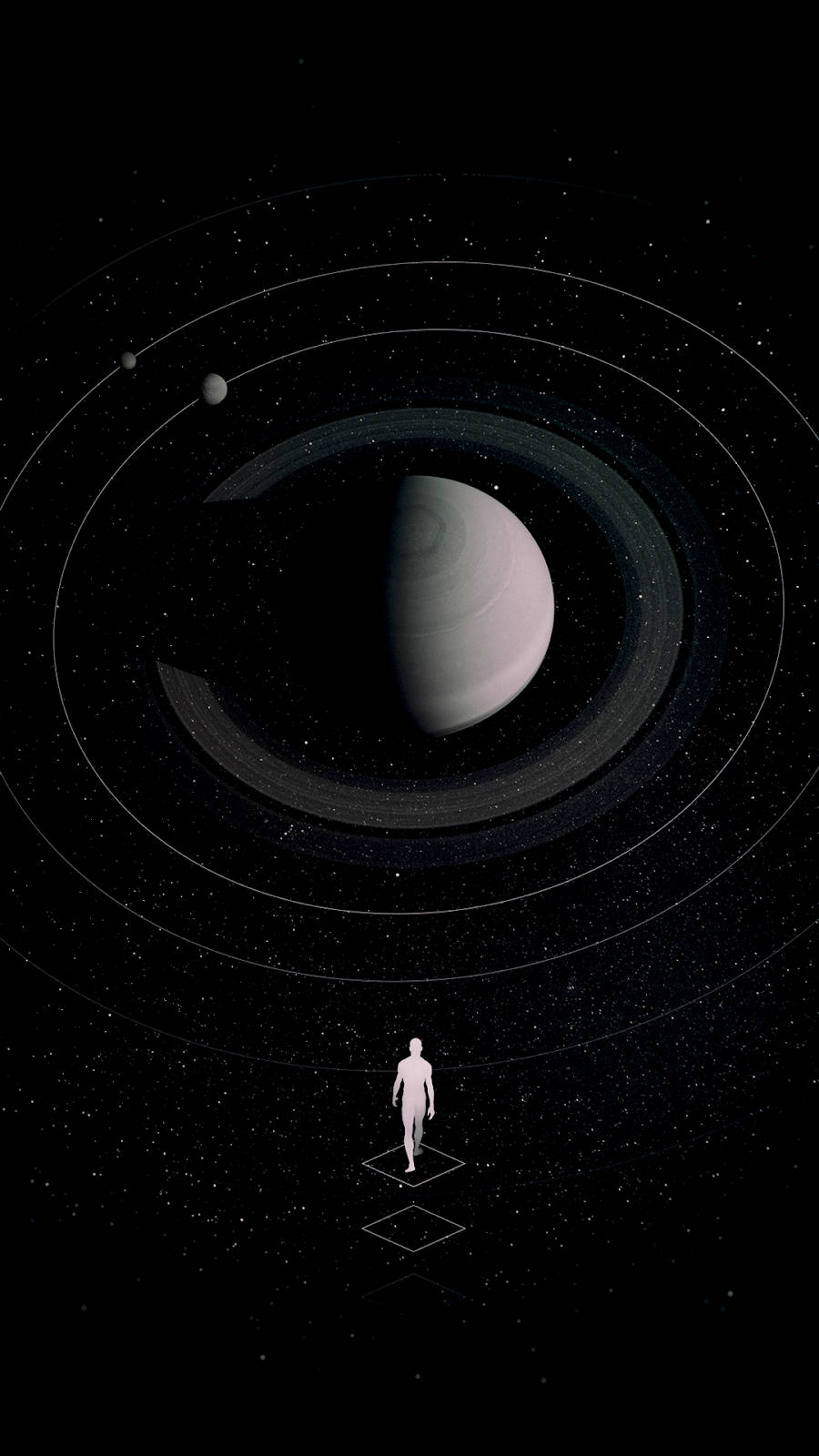 ringed planet, starry cosmic void, geometric platform, HD Phone Wallpaper