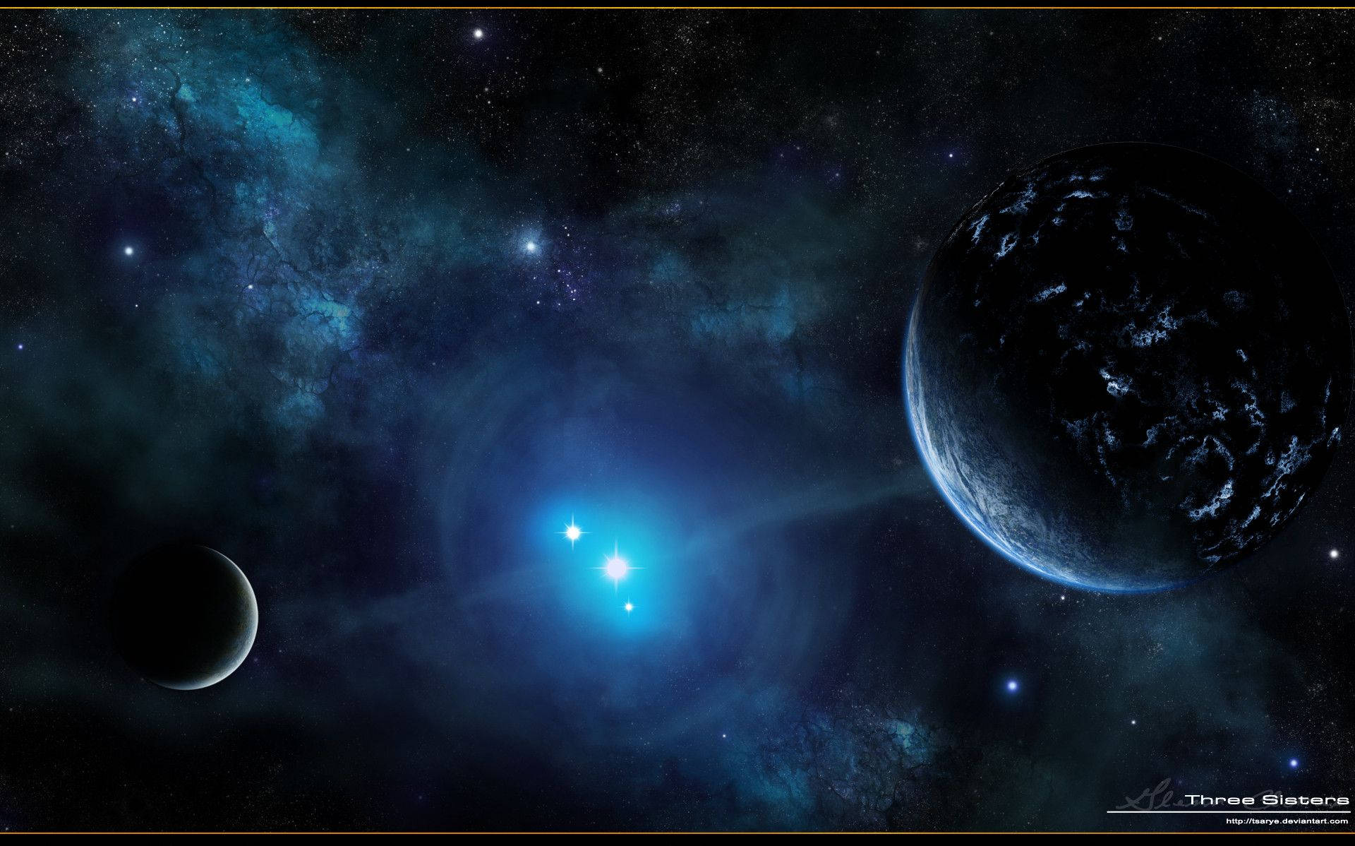 blue star, teal nebulae, two planets, Full HD Desktop Wallpaper