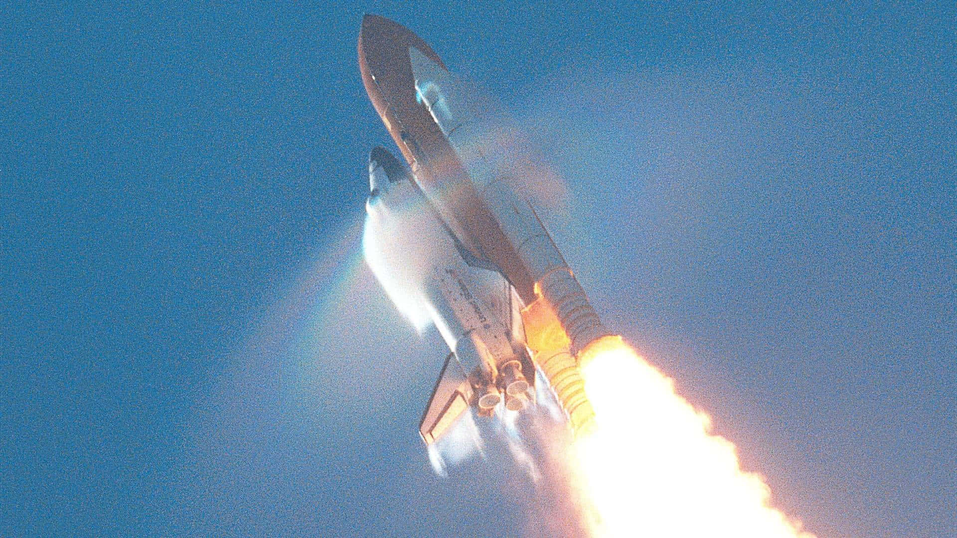 Space Shuttle, clear blue sky, fiery exhaust, Full HD Desktop Wallpaper