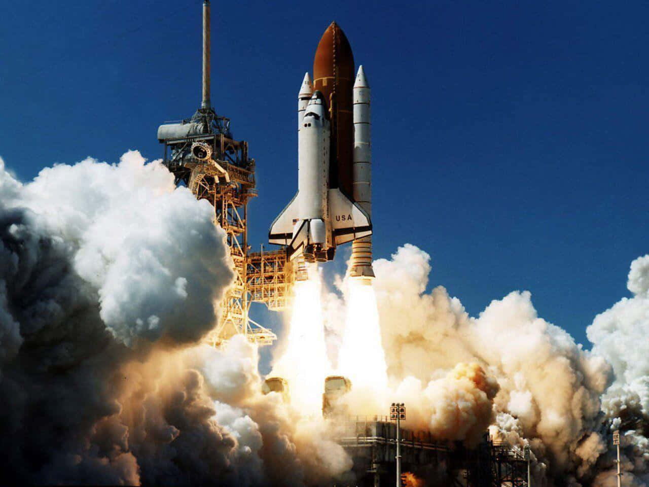 space shuttle, fiery engines, billowing smoke, HD Desktop Wallpaper