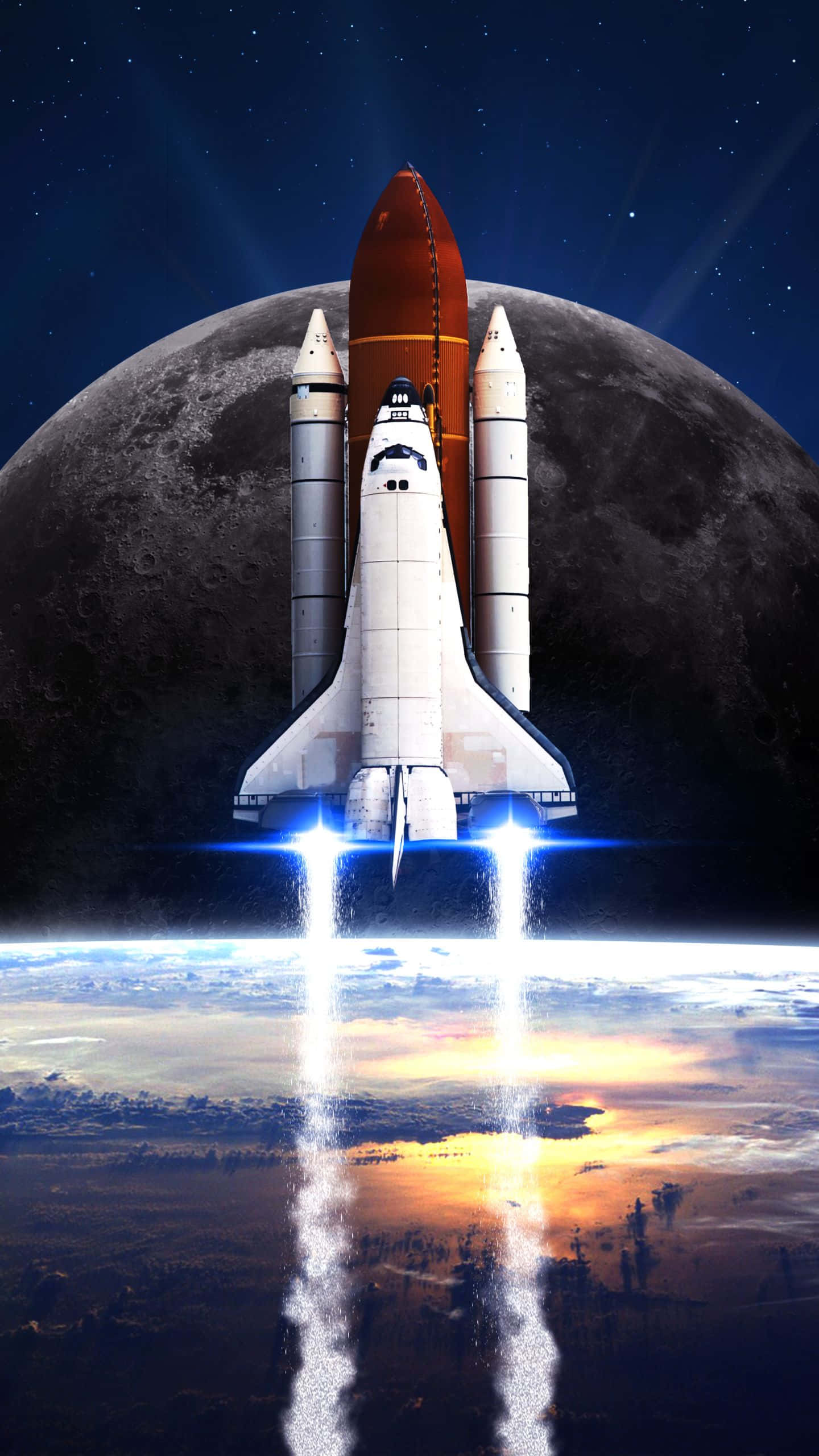 space shuttle, blue flames, starry sky, 2K Phone Wallpaper