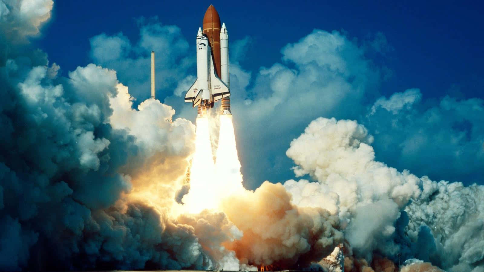 Space Shuttle, fiery exhaust, deep blue sky, HD Desktop Wallpaper