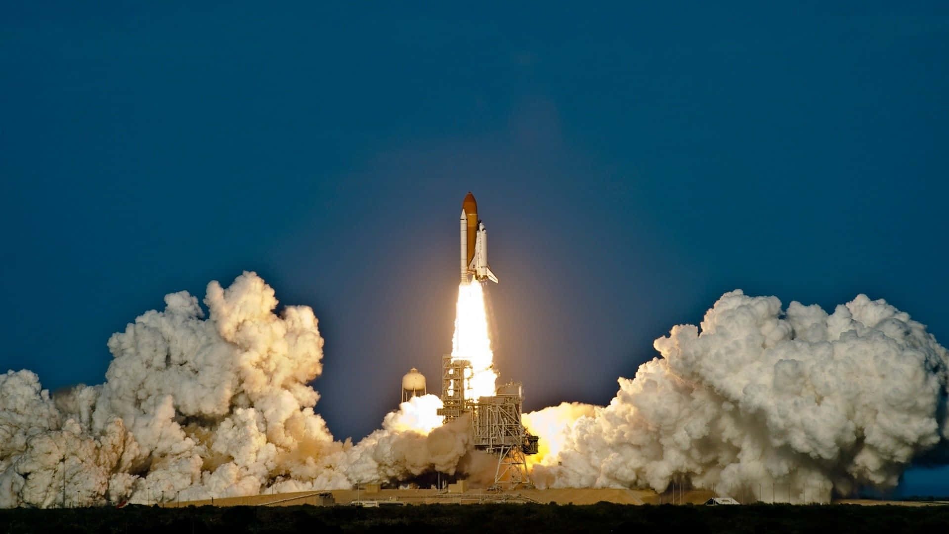 space shuttle, night, white smoke, Full HD Desktop Wallpaper