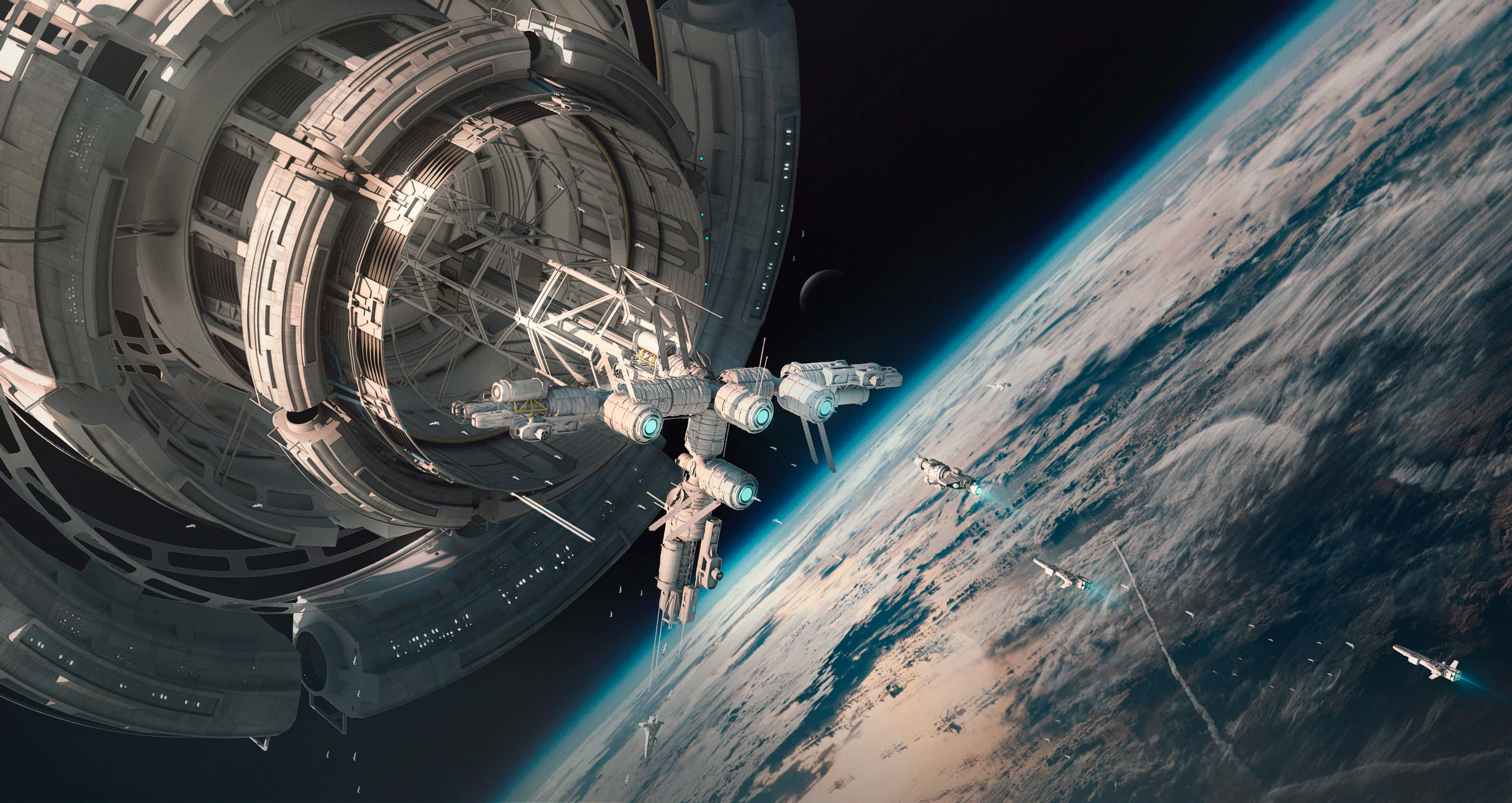 Space Station, Earth, sleek spacecraft, 4K Desktop Wallpaper