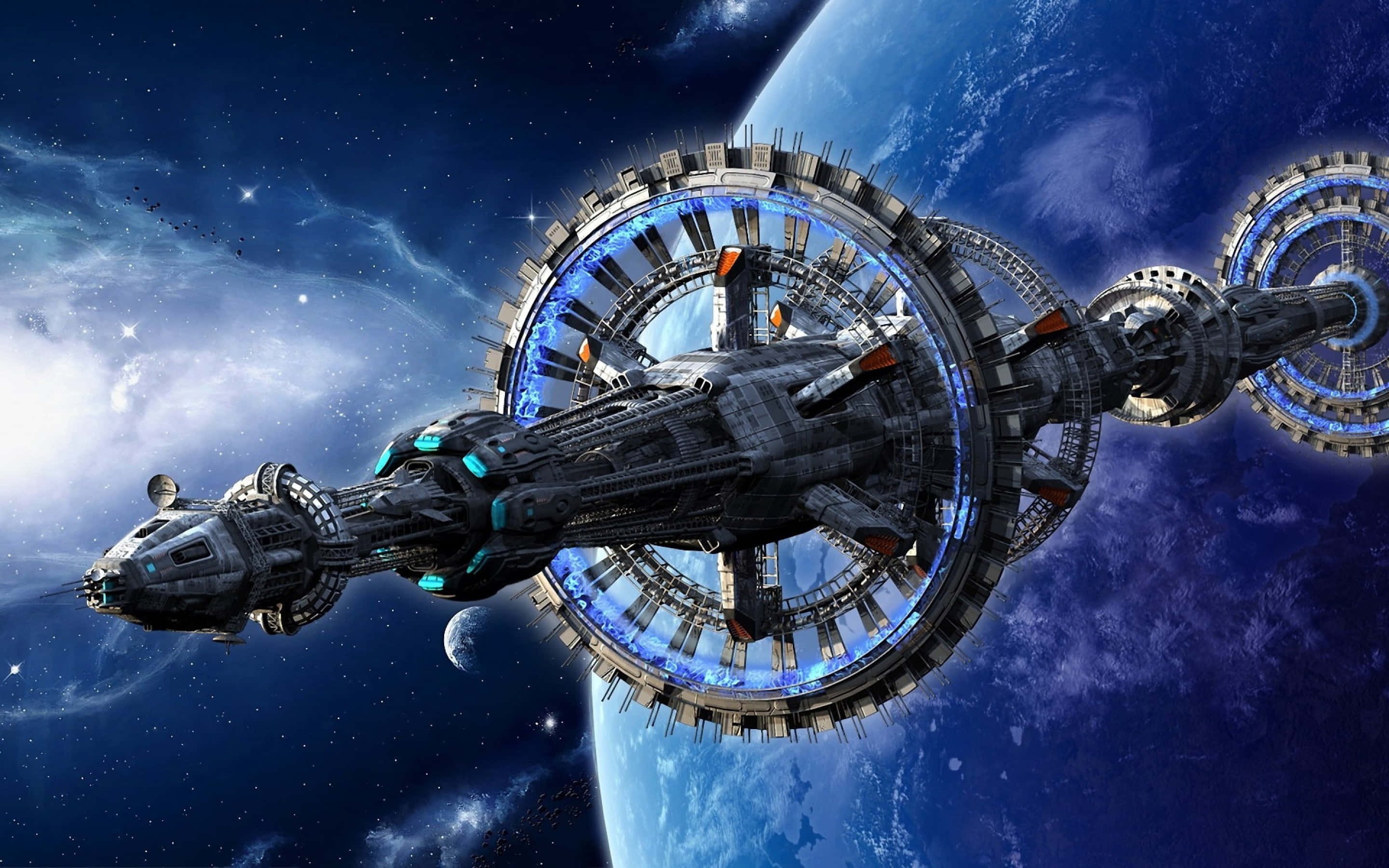 Space Station, Earth, glowing blue rings, 2K Desktop Wallpaper