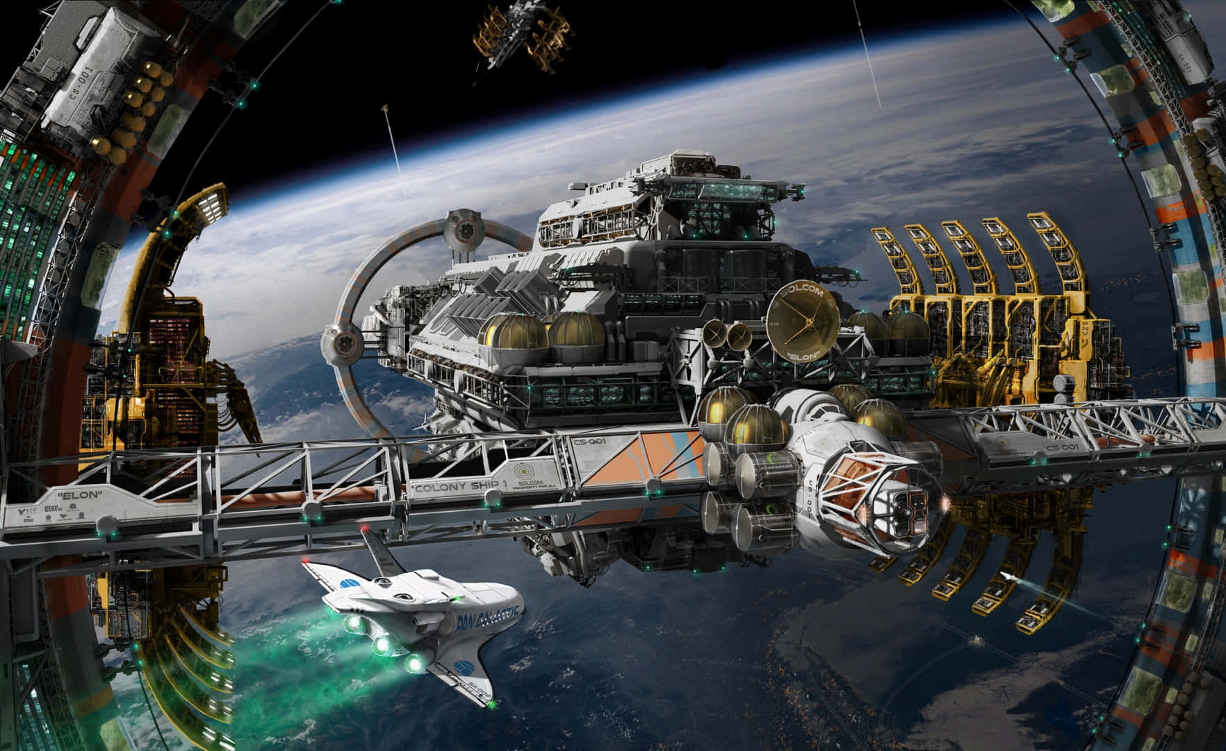 Space Station, Earth, futuristic space colony ship, HD Desktop Wallpaper