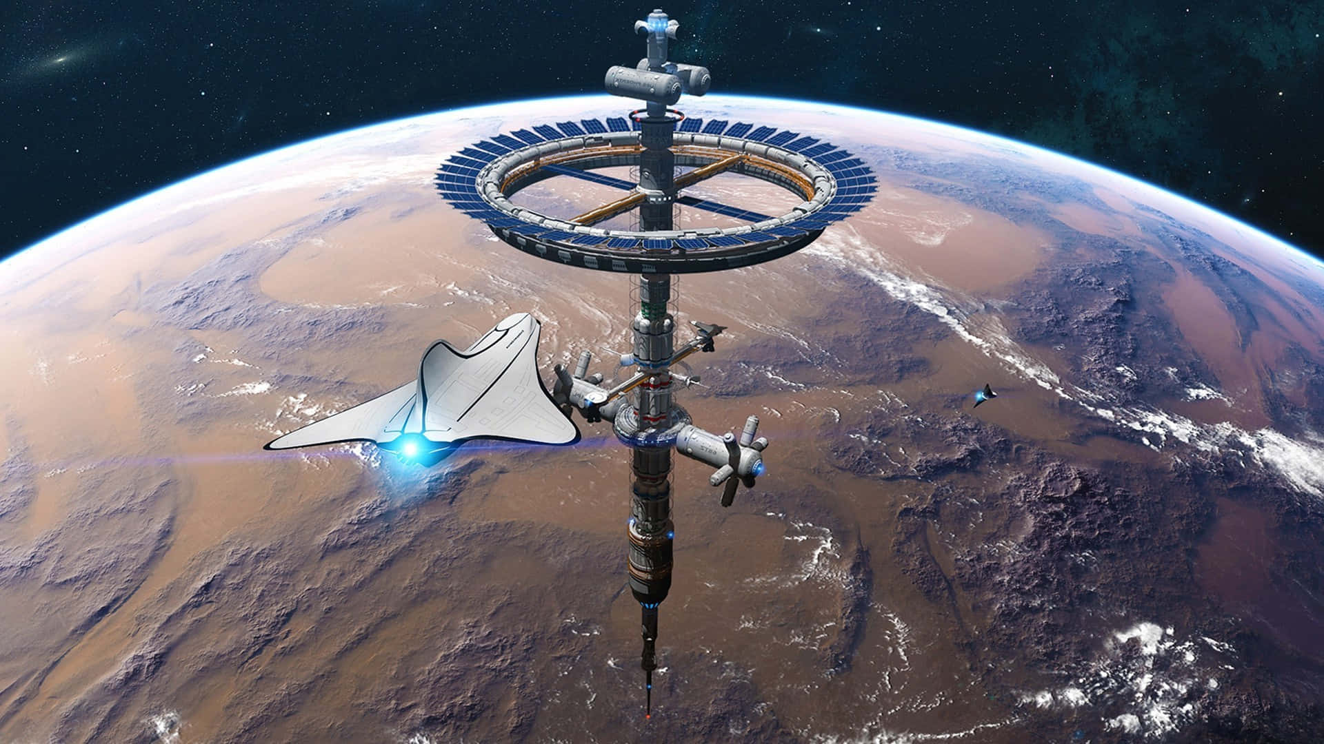 Space Station, Earth, sleek spaceship, Full HD Desktop Wallpaper