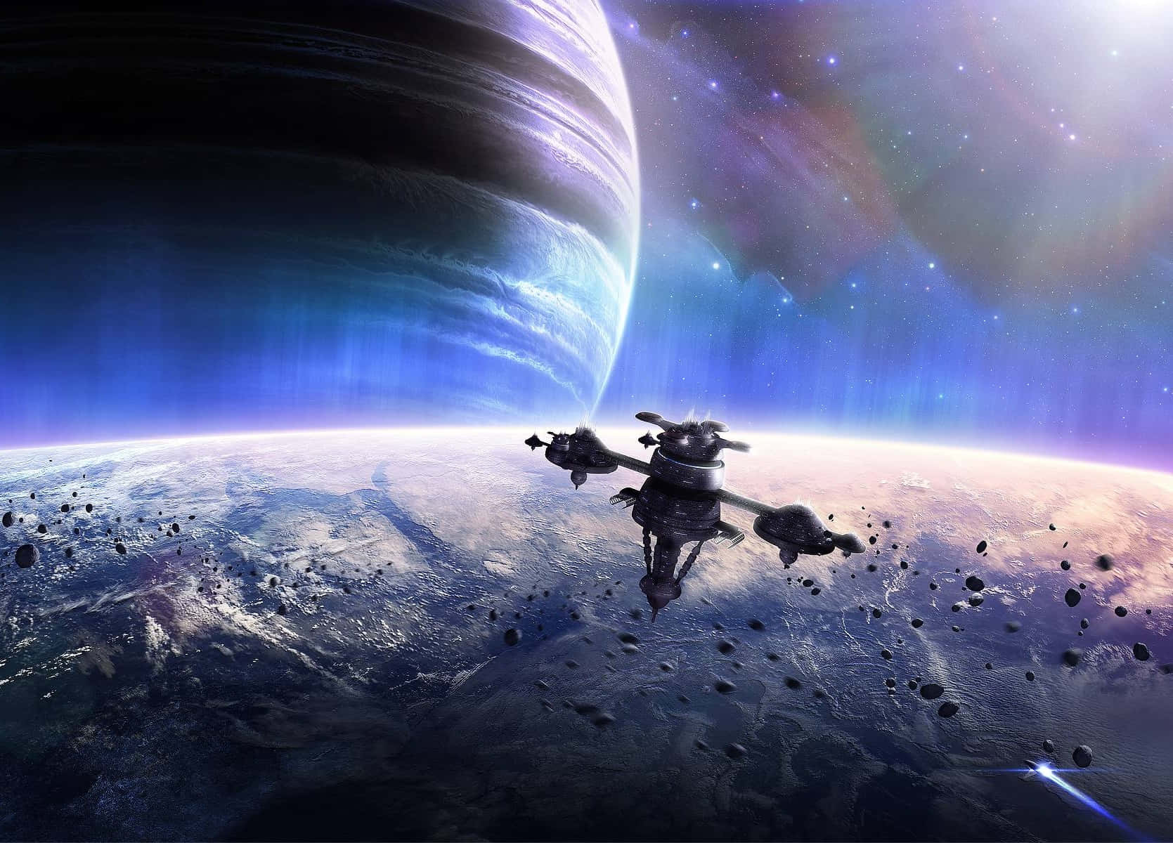 Space Station, Earth, blue and white striped planet, HD Desktop Wallpaper