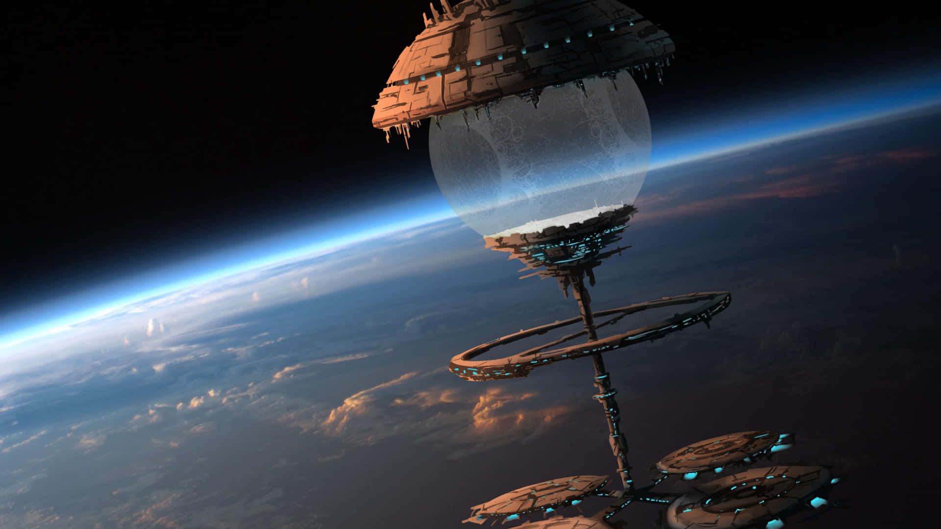 Space Station, Earth, glowing blue lights, Full HD Desktop Wallpaper