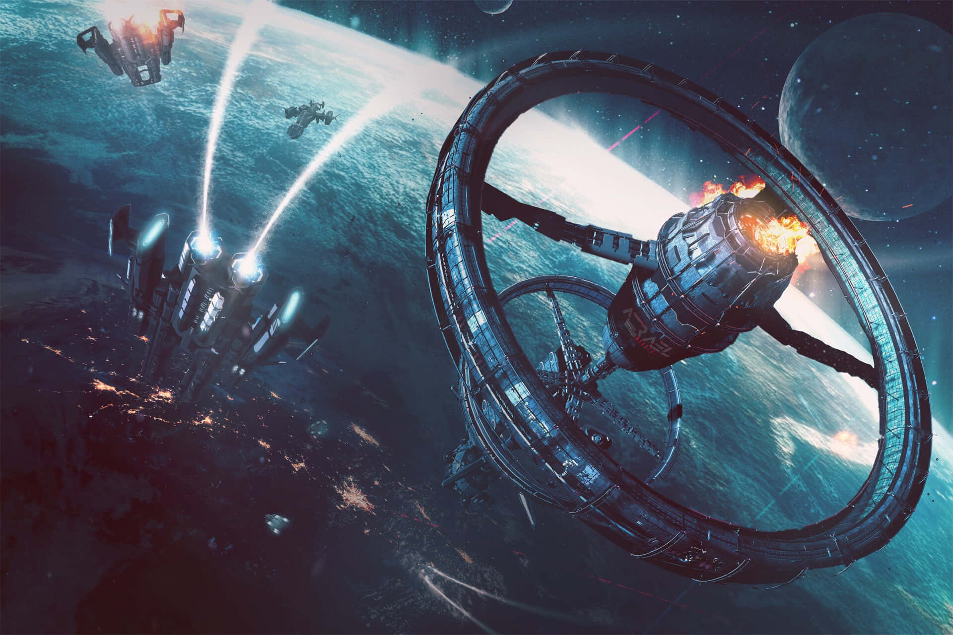 Space Station, ring station, glowing blue planet, Full HD Desktop Wallpaper