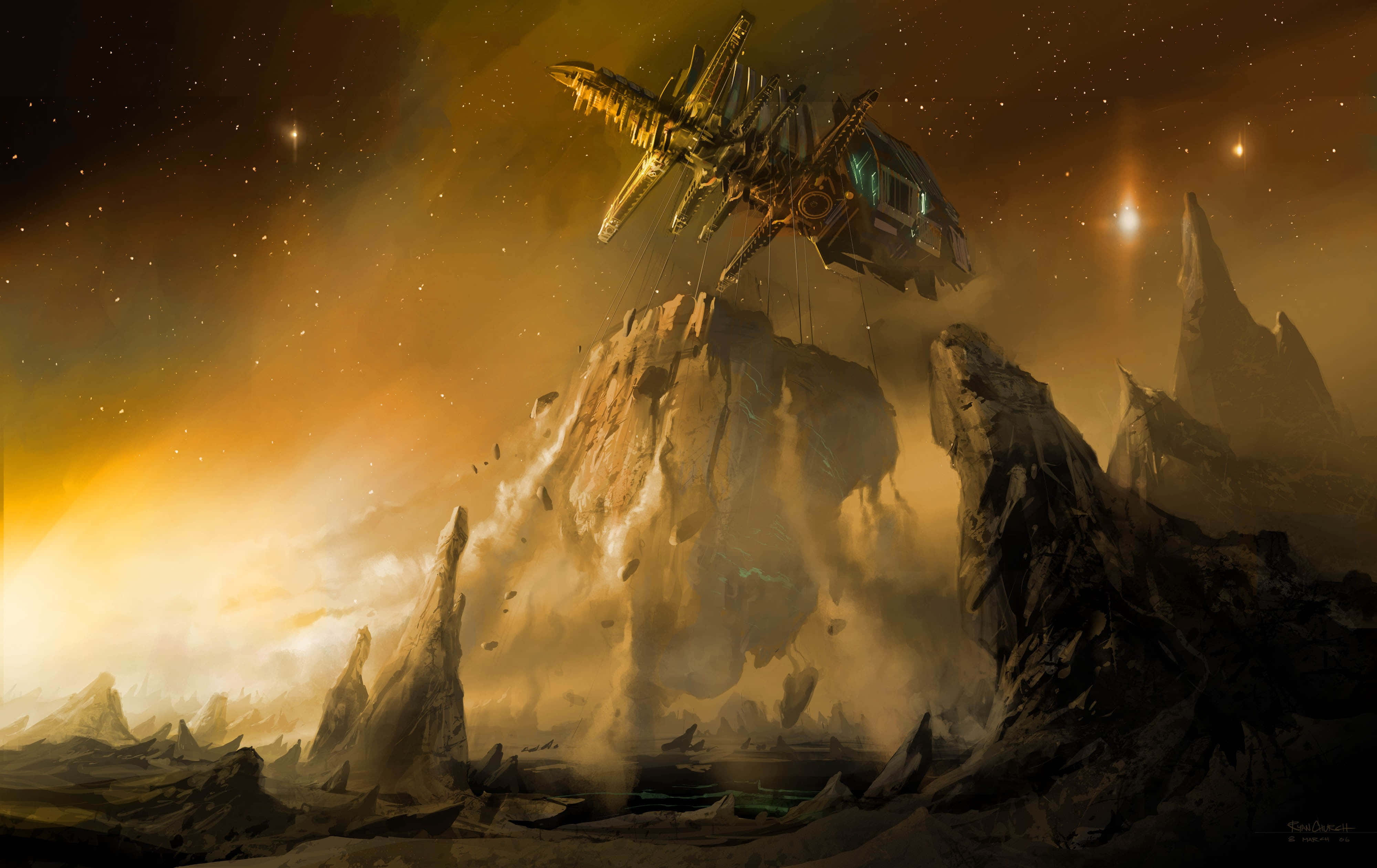 Space Station, alien mountain landscape, futuristic spaceship, 4K Desktop Wallpaper