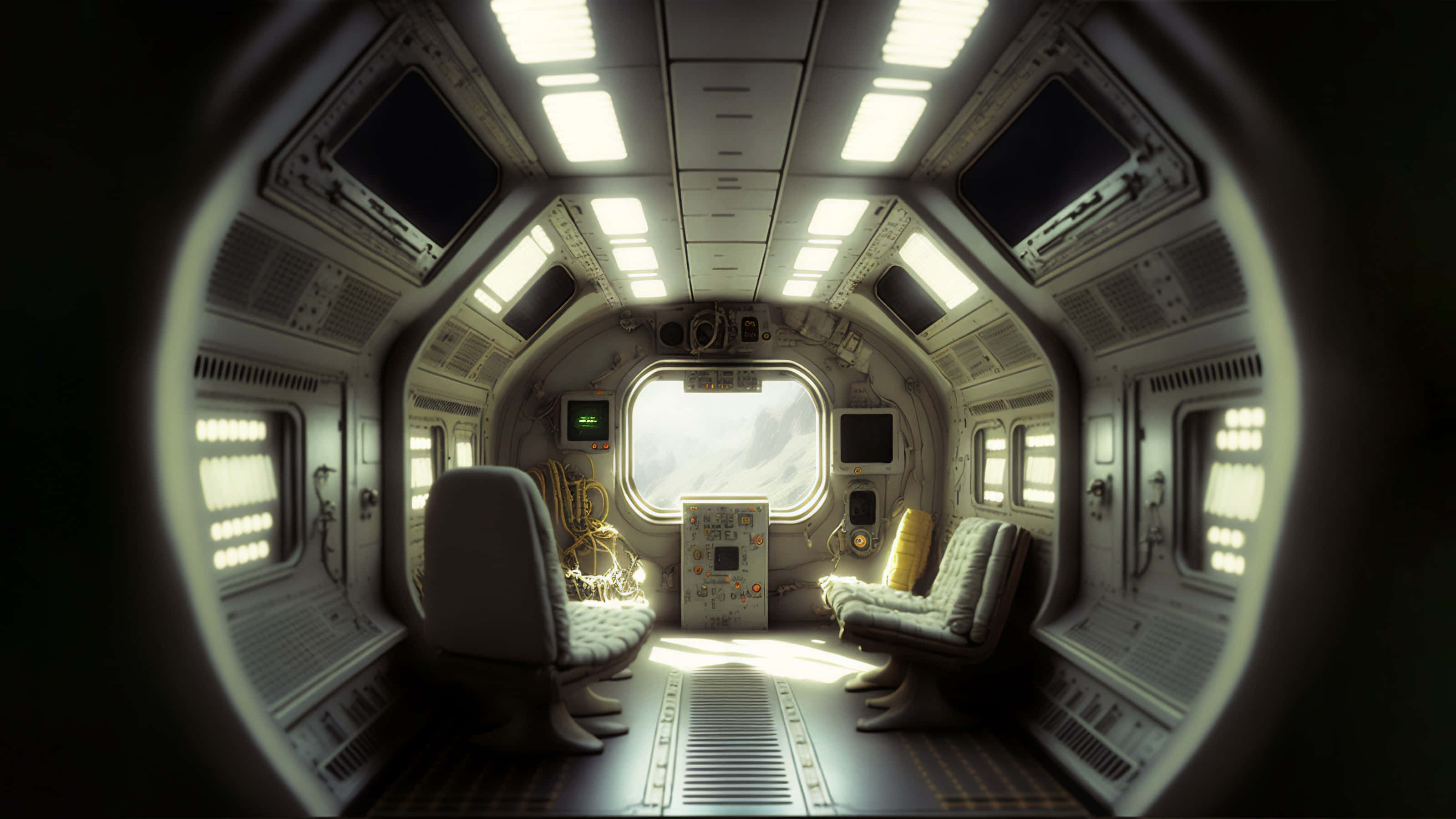 futuristic spaceship corridor interior, circular viewport, glowing panels, 2K Desktop Wallpaper