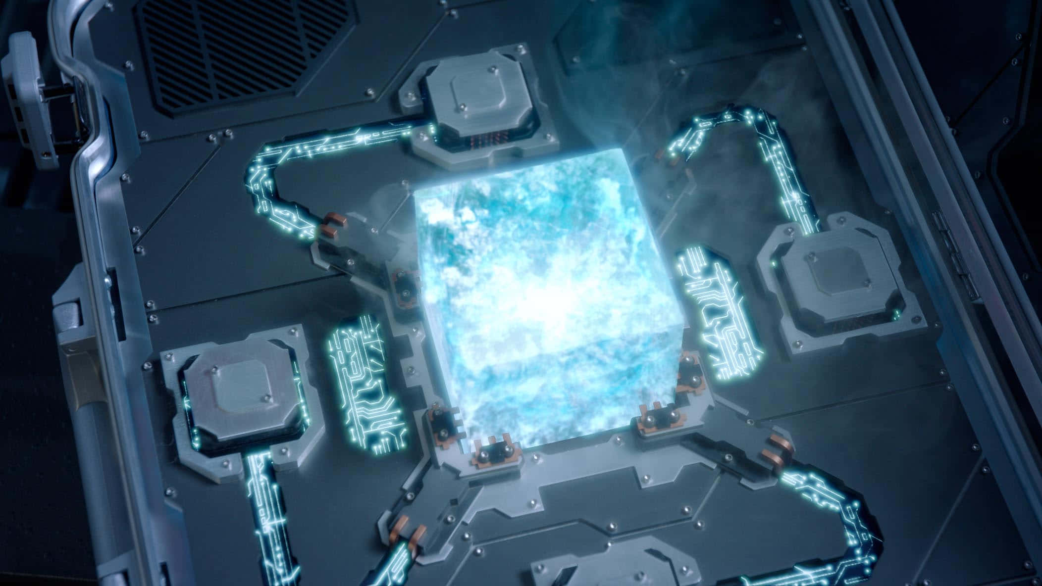 Space Stone, glowing blue crystalline cube, high-tech metallic console, Full HD Desktop Wallpaper