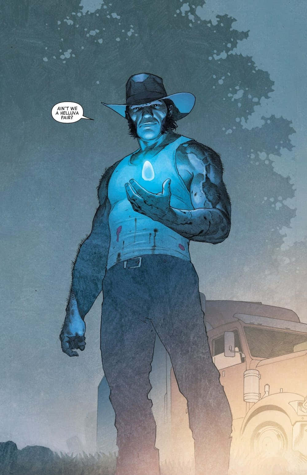Space Stone, blue-skinned muscular man, cowboy hat, HD Phone Wallpaper