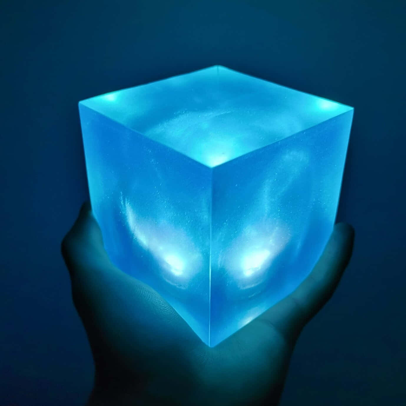 Space Stone, glowing translucent blue cube, dark background, HD Desktop Wallpaper