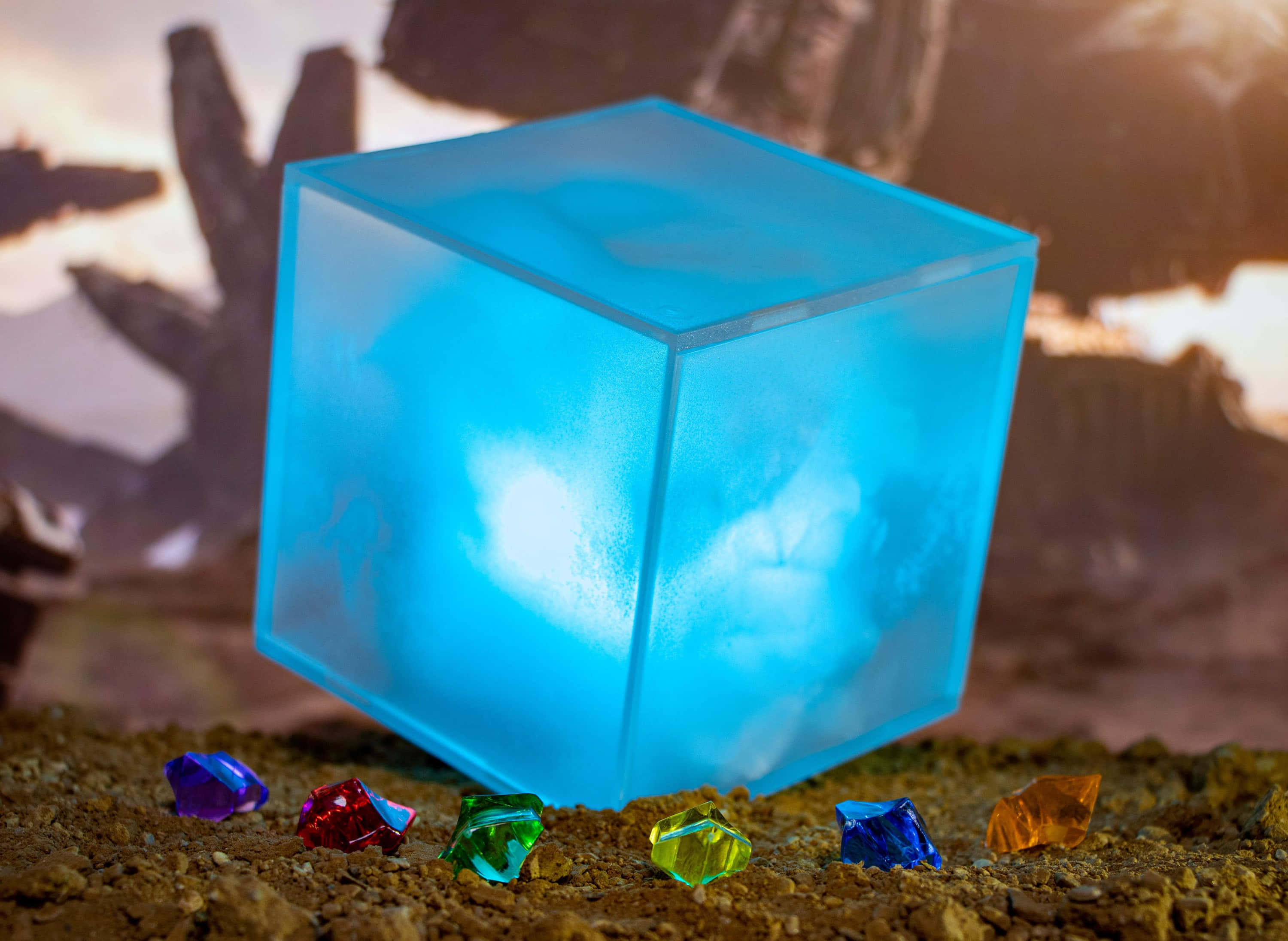 Space Stone 3000, glowing blue cube, colorful gemstones, 2K Desktop Wallpaper
