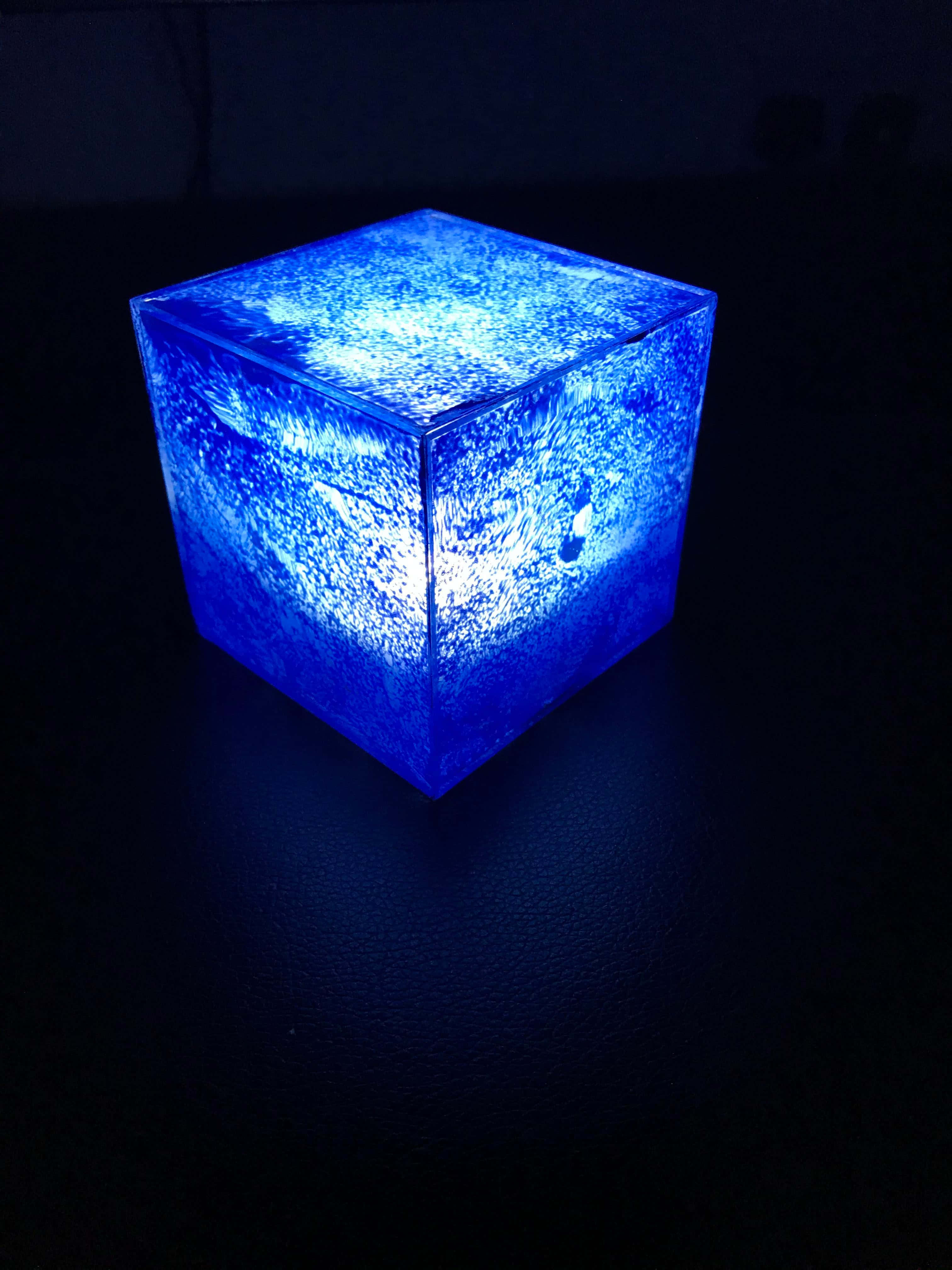 Space Stone, glowing blue cube, textured surface, 4K Phone Wallpaper