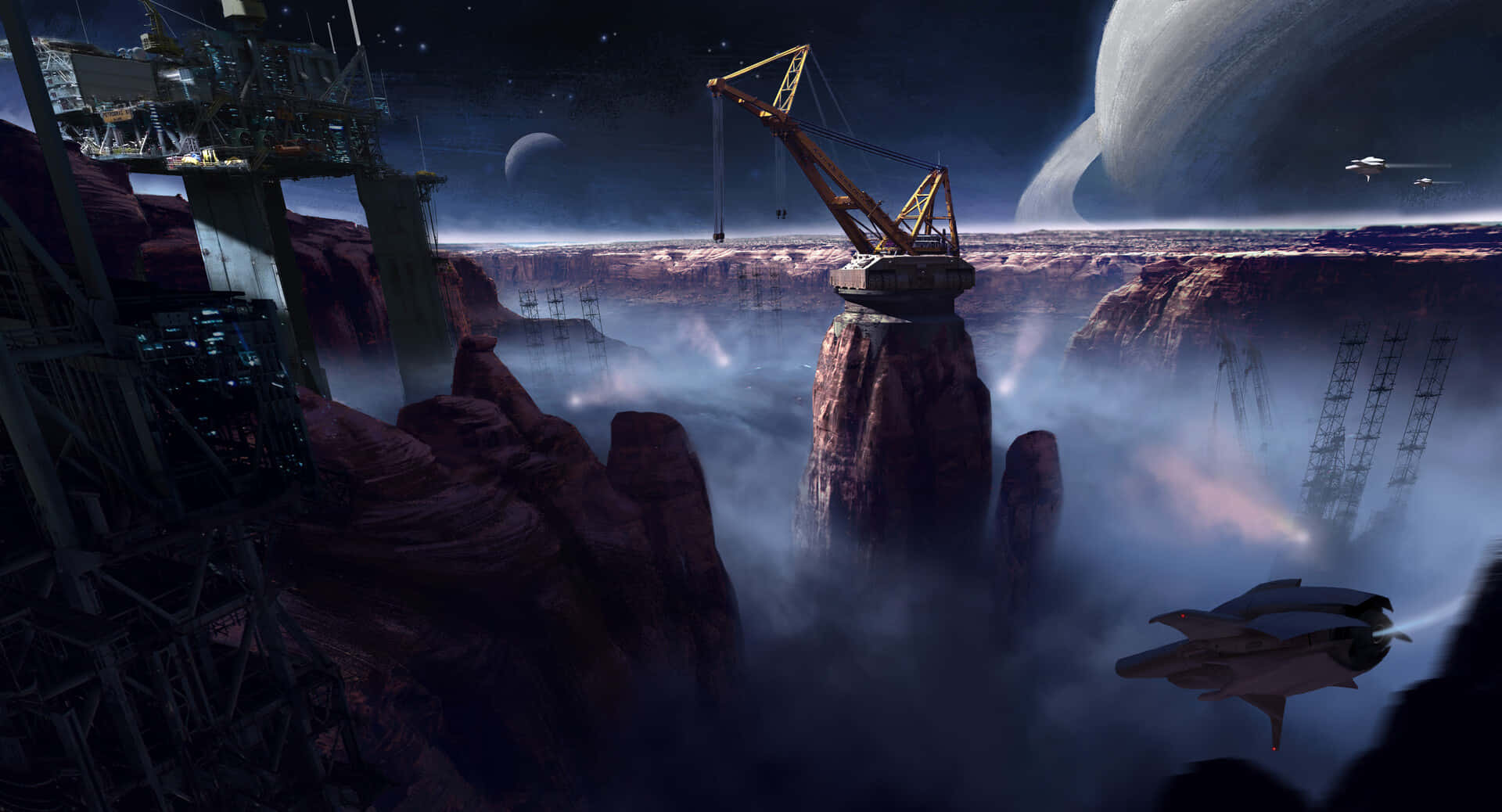 futuristic space colony, towering cranes, flying ships, Full HD Desktop Wallpaper