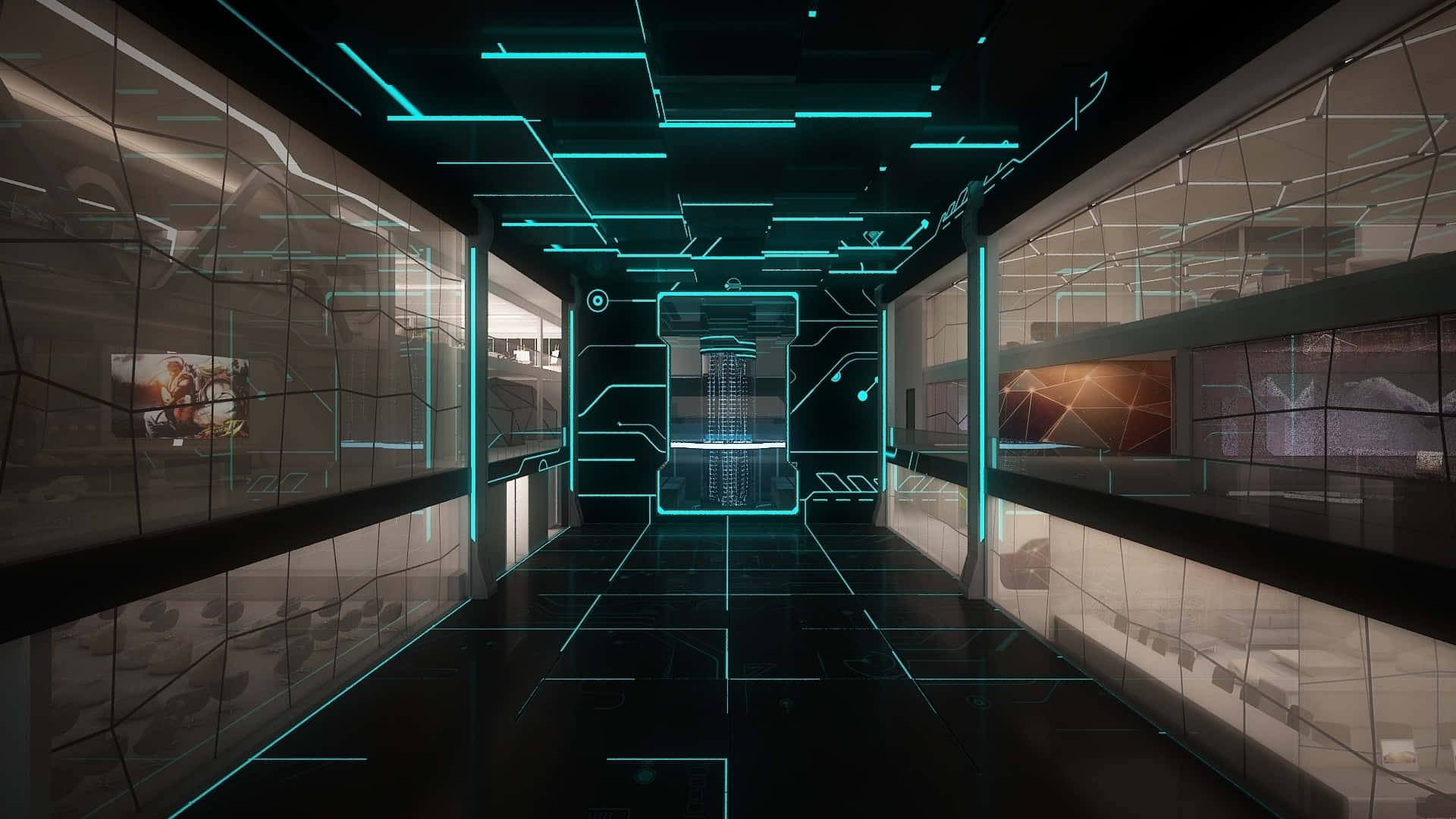 futuristic corridor, glowing teal circuit lines, reflective walls and floor, Full HD Desktop Wallpaper
