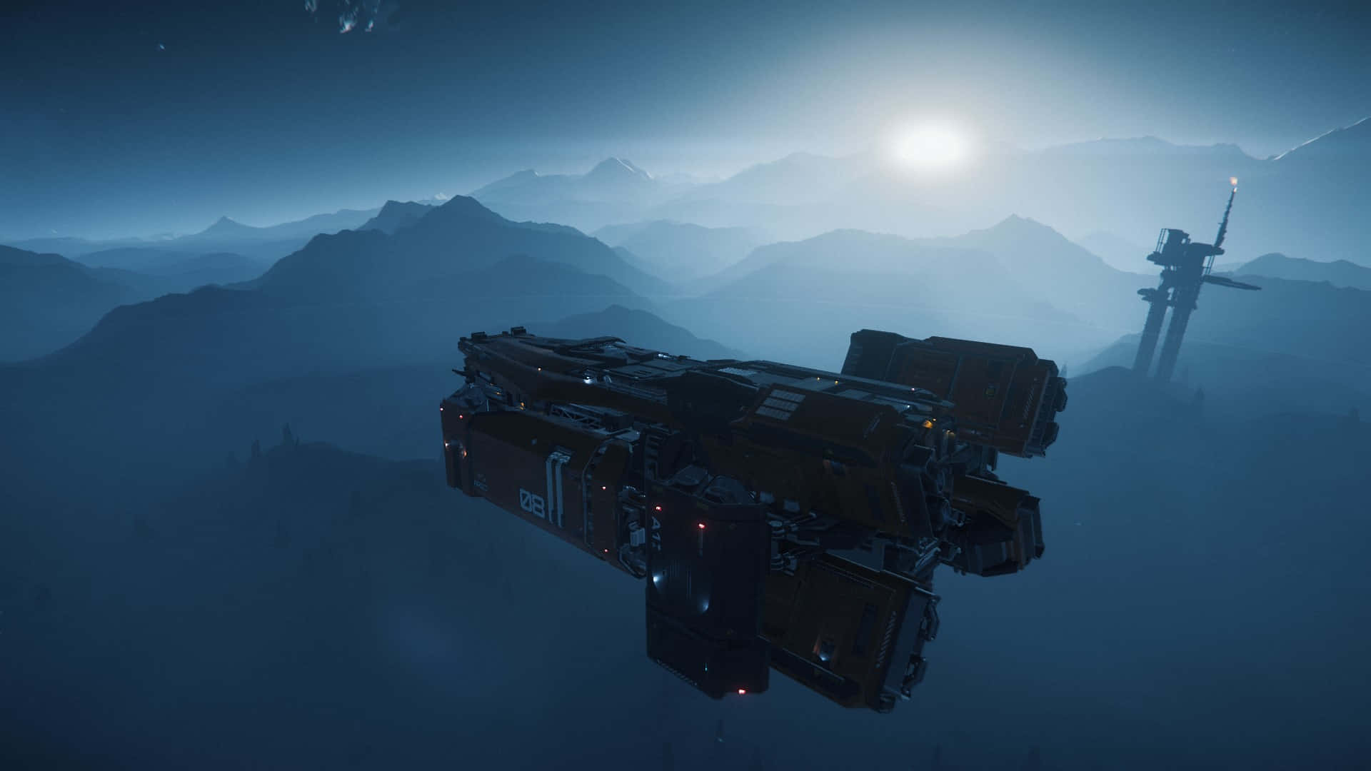 futuristic spaceship, misty mountains, glowing moonlit sky, Full HD Desktop Wallpaper