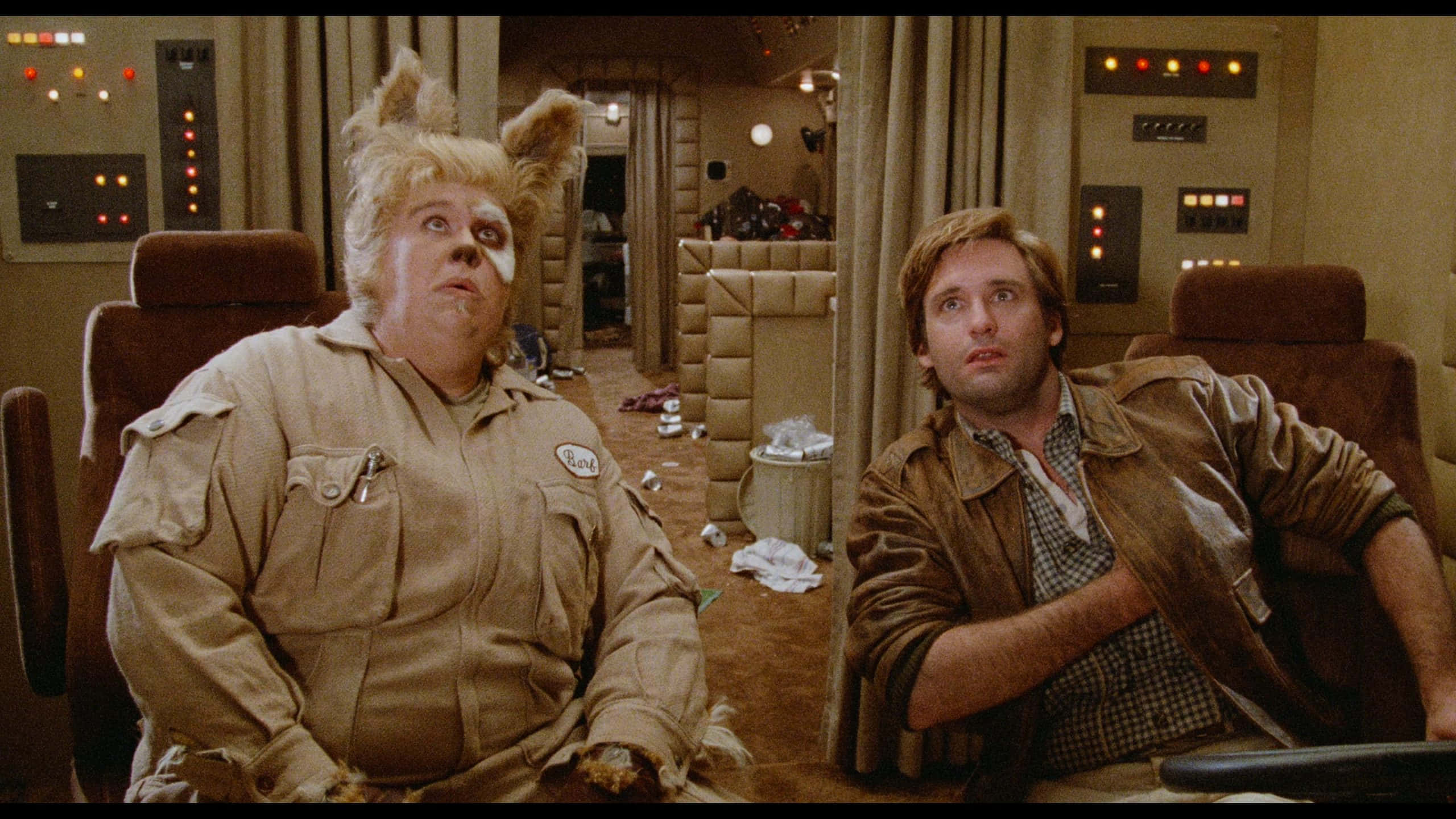 Spaceballs, two men, messy spaceship cockpit, 2K Desktop Wallpaper