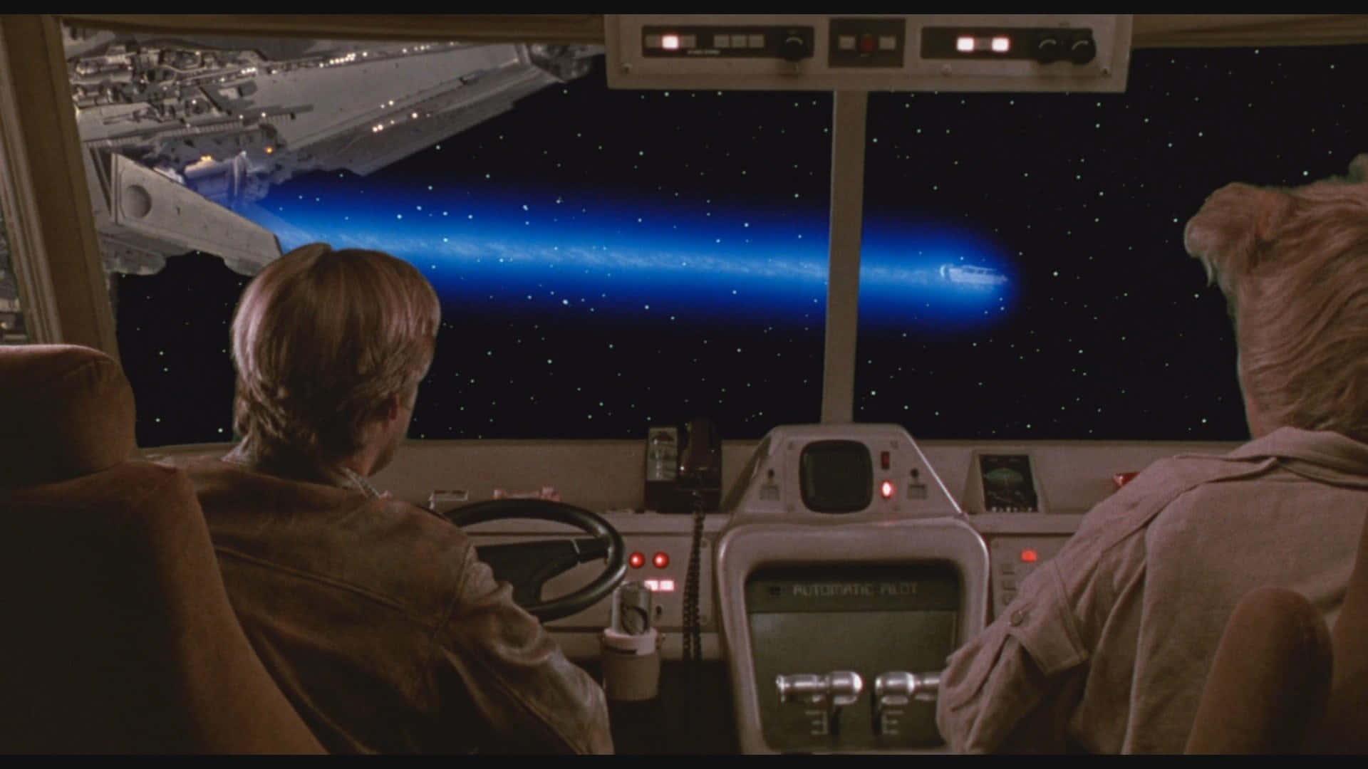 Spaceballs, blue energy beam, starfield, Full HD Desktop Wallpaper