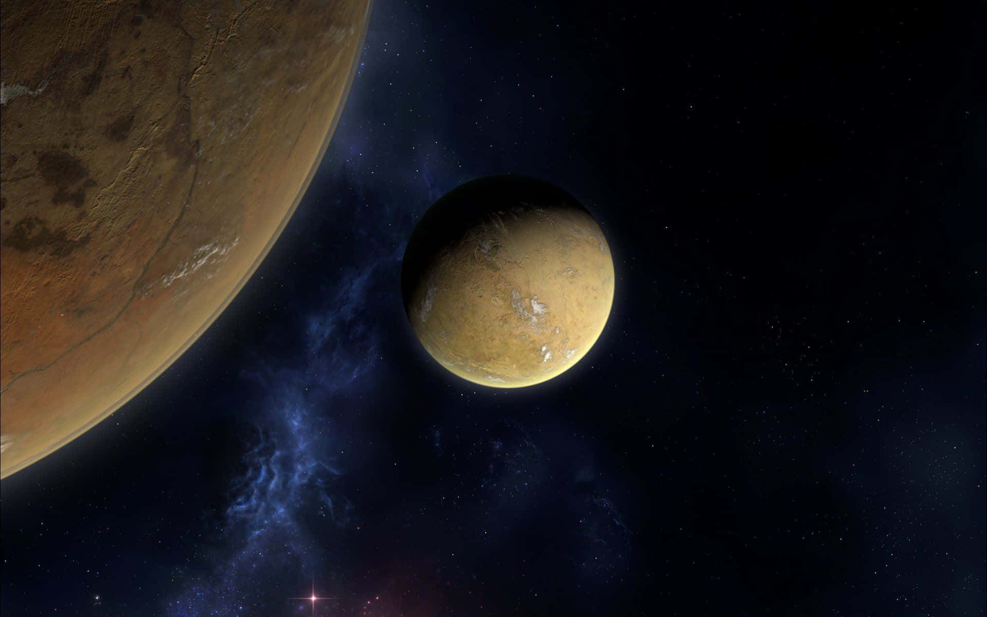 Spaceballs, reddish planet, yellowish moon, Full HD Desktop Wallpaper
