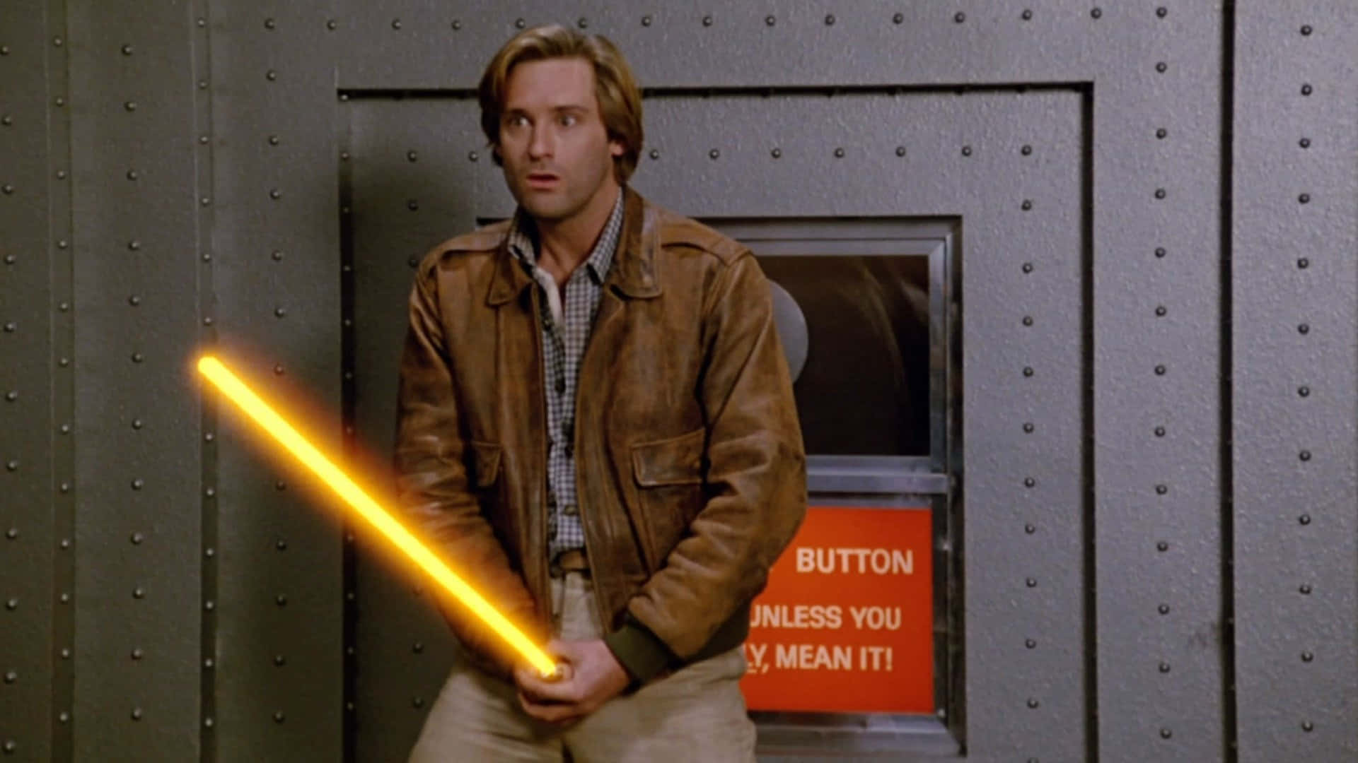 Spaceballs, yellow lightsaber, brown leather jacket, Full HD Desktop Wallpaper