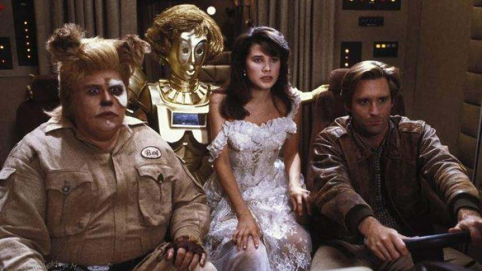 Spaceballs, gold robot, woman in white lace dress, HD Desktop Wallpaper