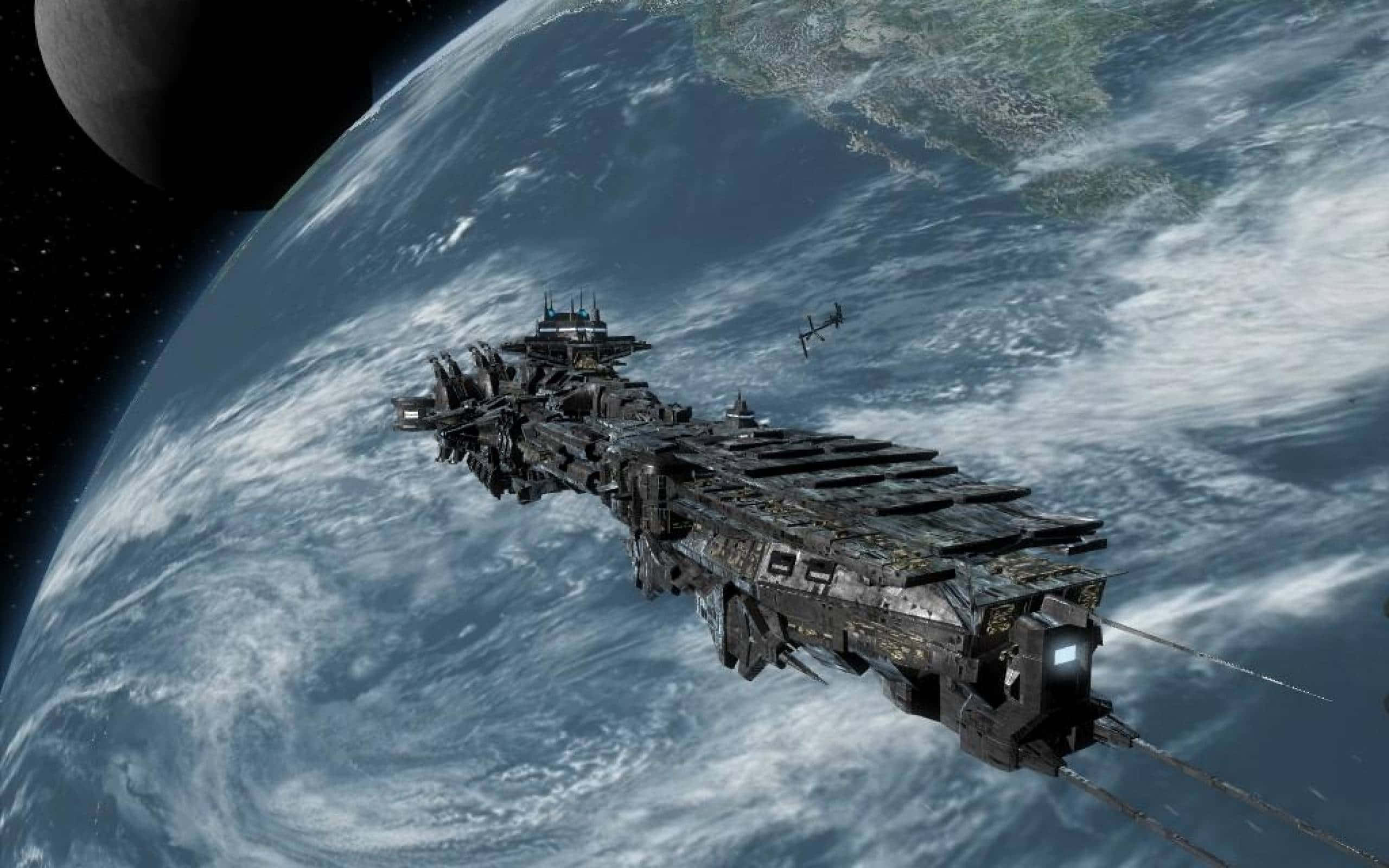 futuristic spaceship, blue planet, swirling clouds, 2K Desktop Wallpaper