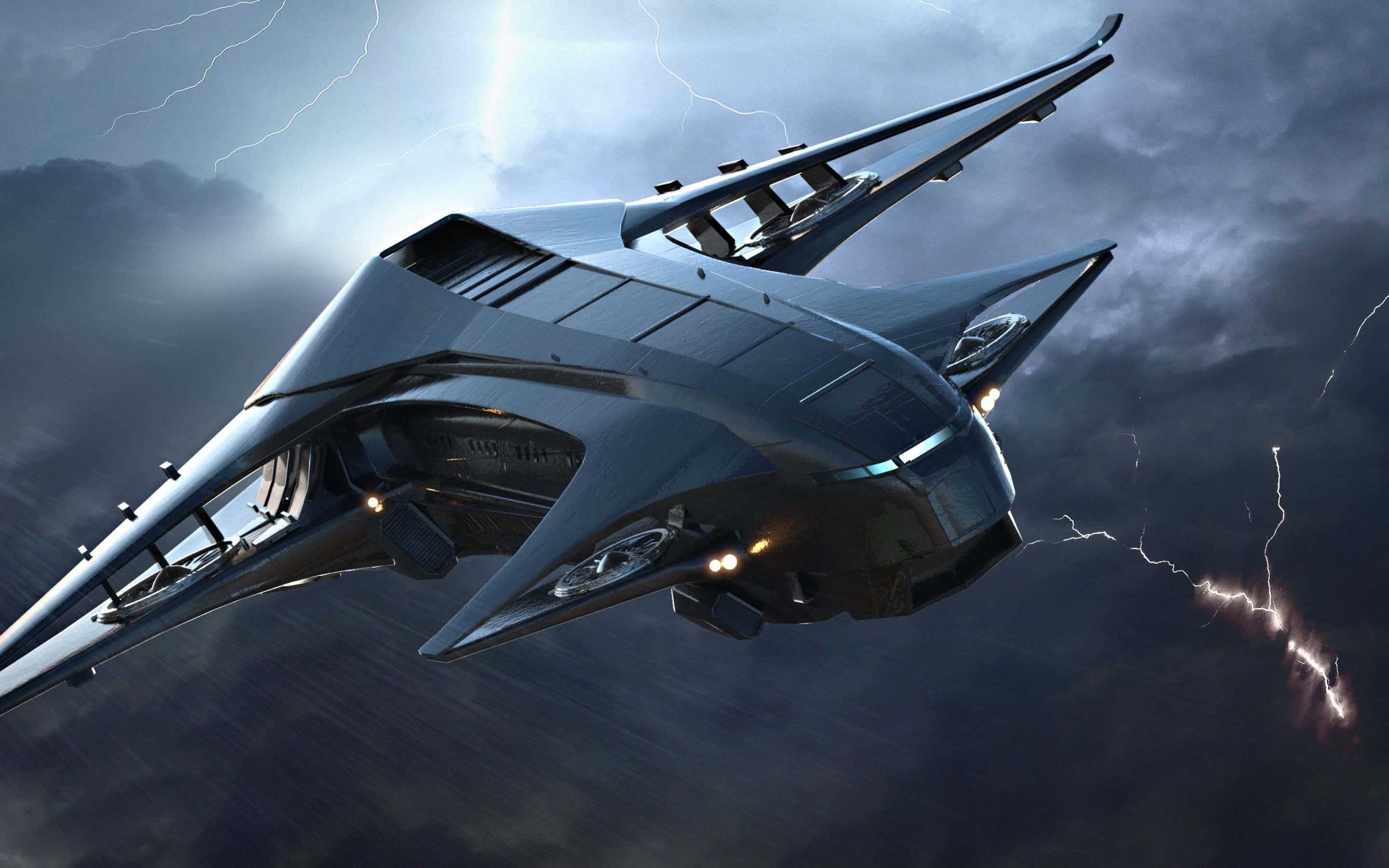Spacecraft, futuristic spaceship, stormy sky, 2K Desktop Wallpaper