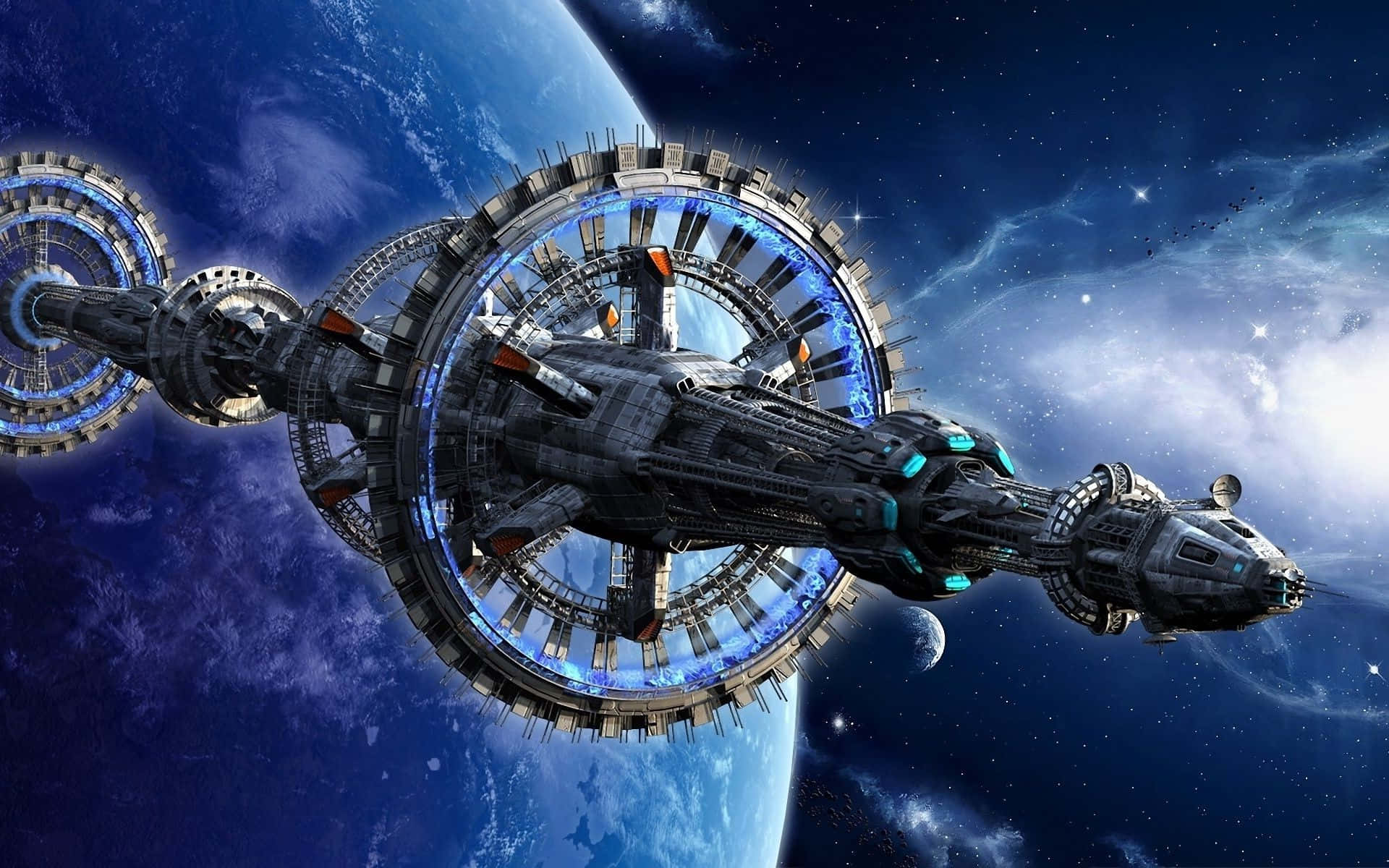 spacecraft, futuristic space station, blue planet, Full HD Desktop Wallpaper