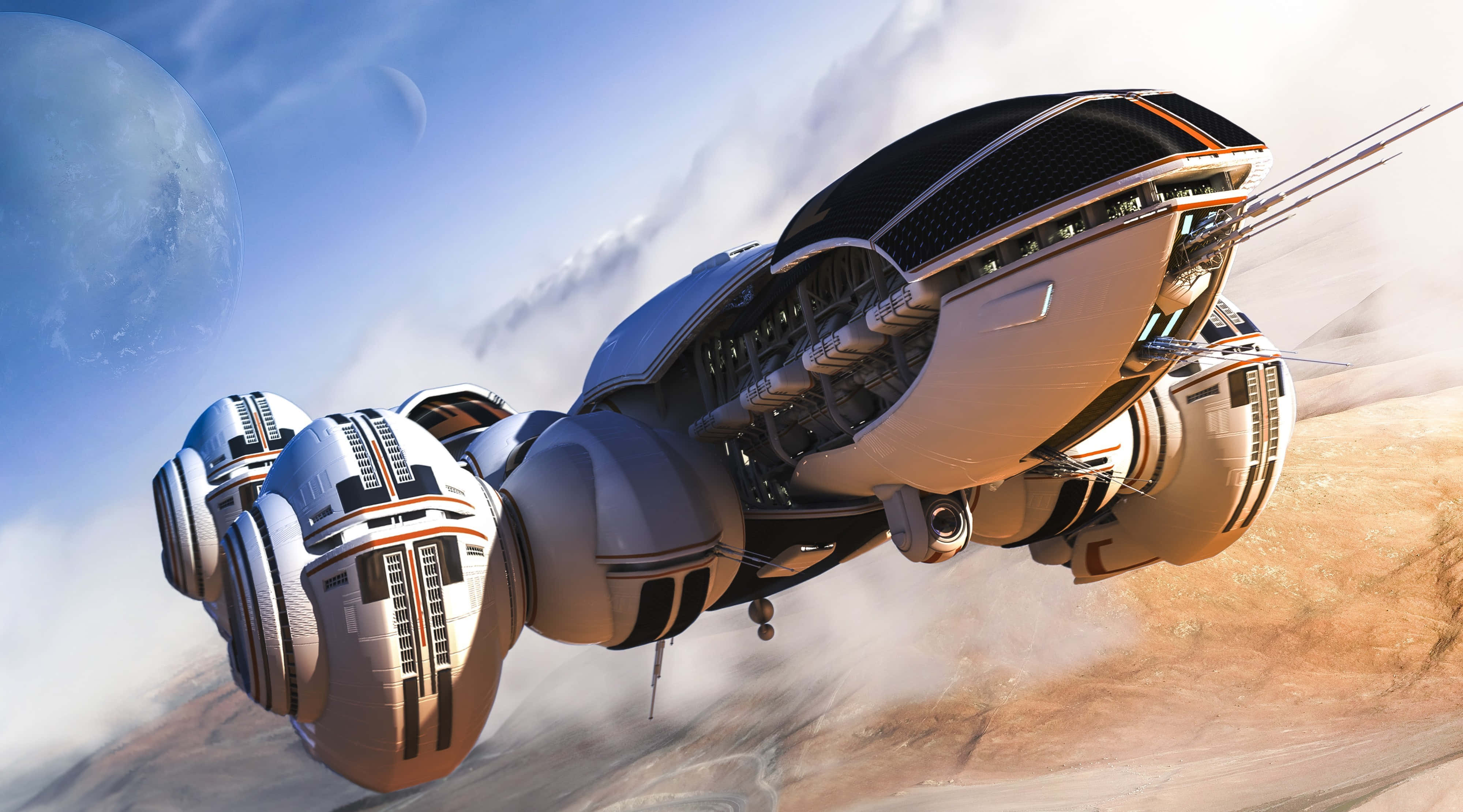 spacecraft 3999, desert planet, blue moon, 4K Desktop Wallpaper