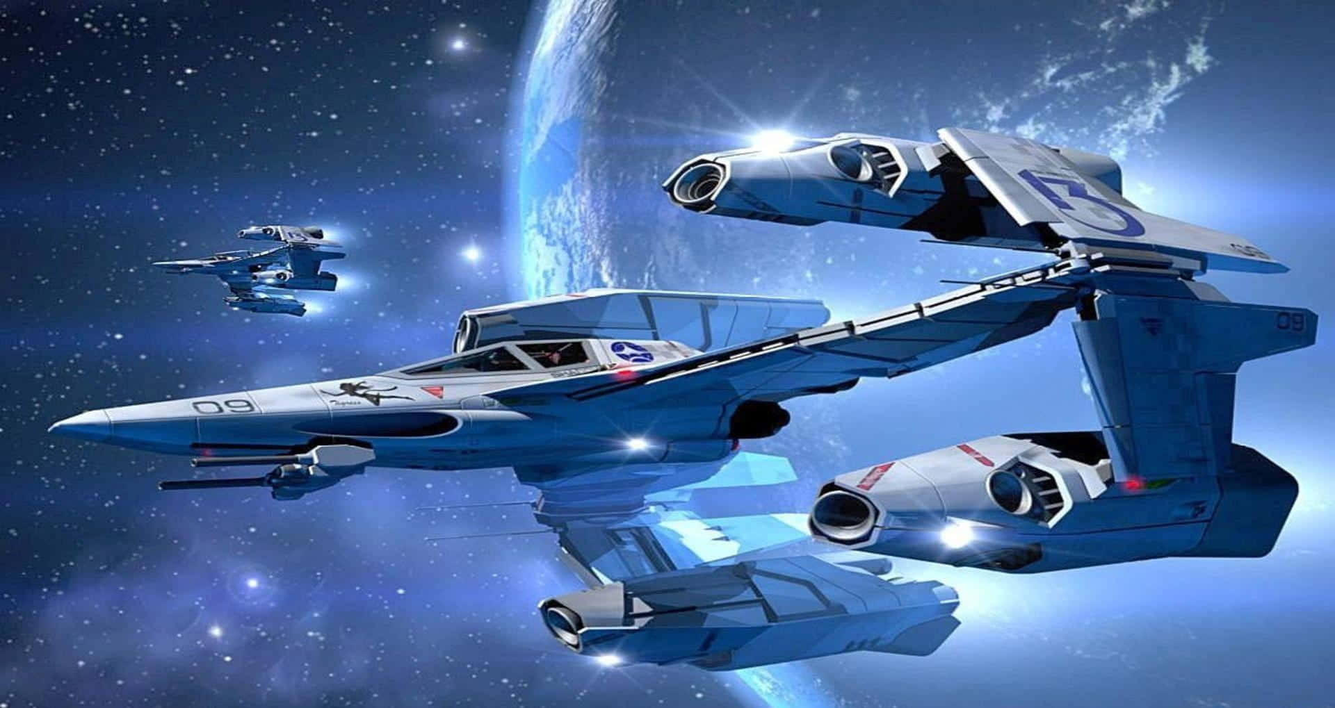 Spacecraft, futuristic blue fighter jets, starry space, Full HD Desktop Wallpaper