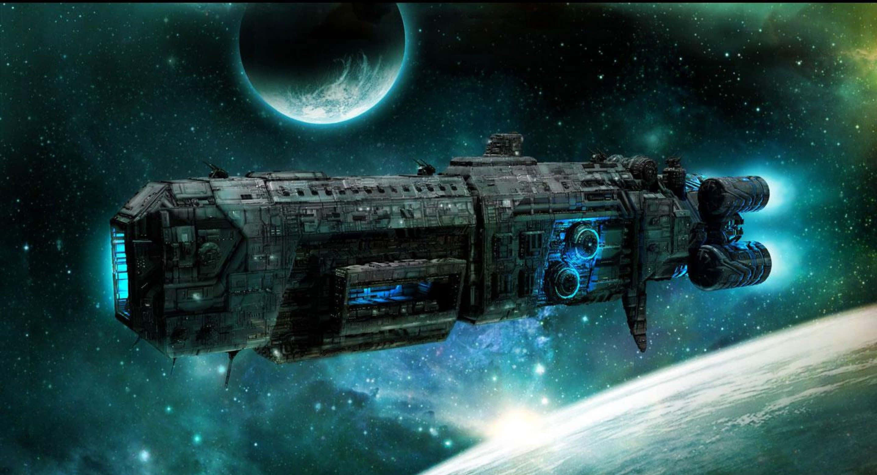 futuristic spaceship, starry space, glowing blue engines, 2K Desktop Wallpaper