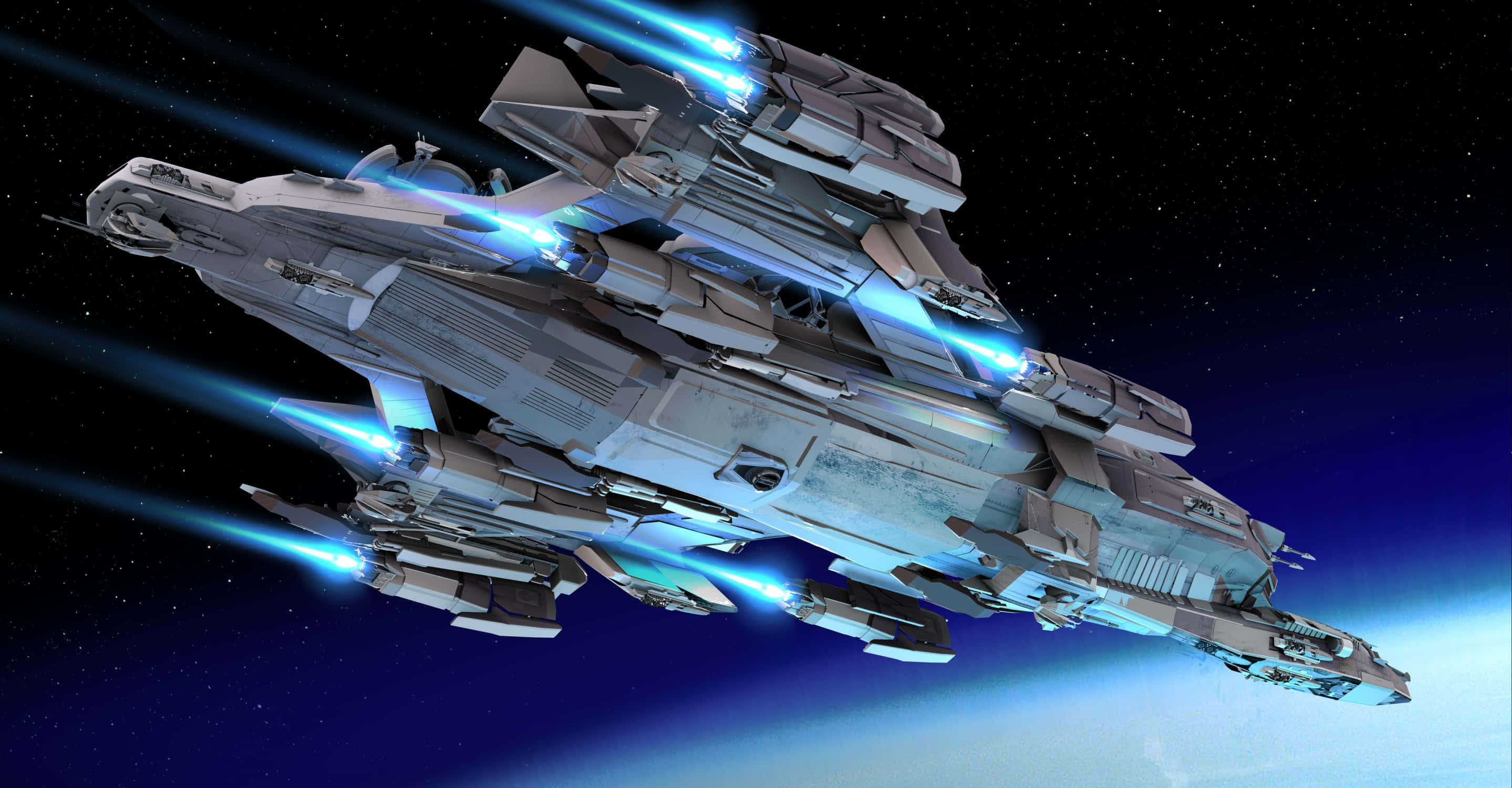 futuristic spaceship, glowing blue engines, deep space, 2K Desktop Wallpaper
