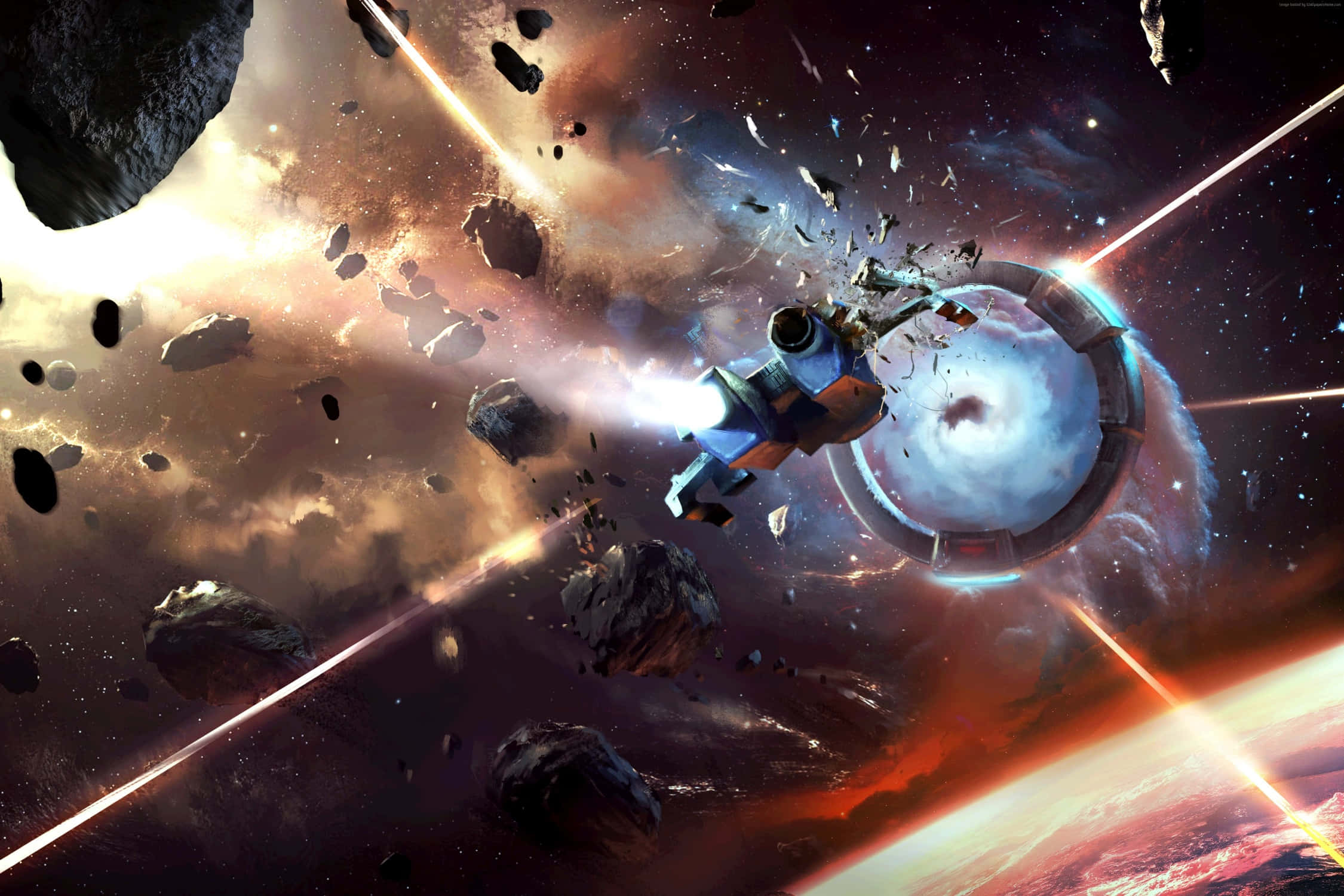 futuristic spaceship, field of asteroids, glowing wormhole, Full HD Desktop Wallpaper